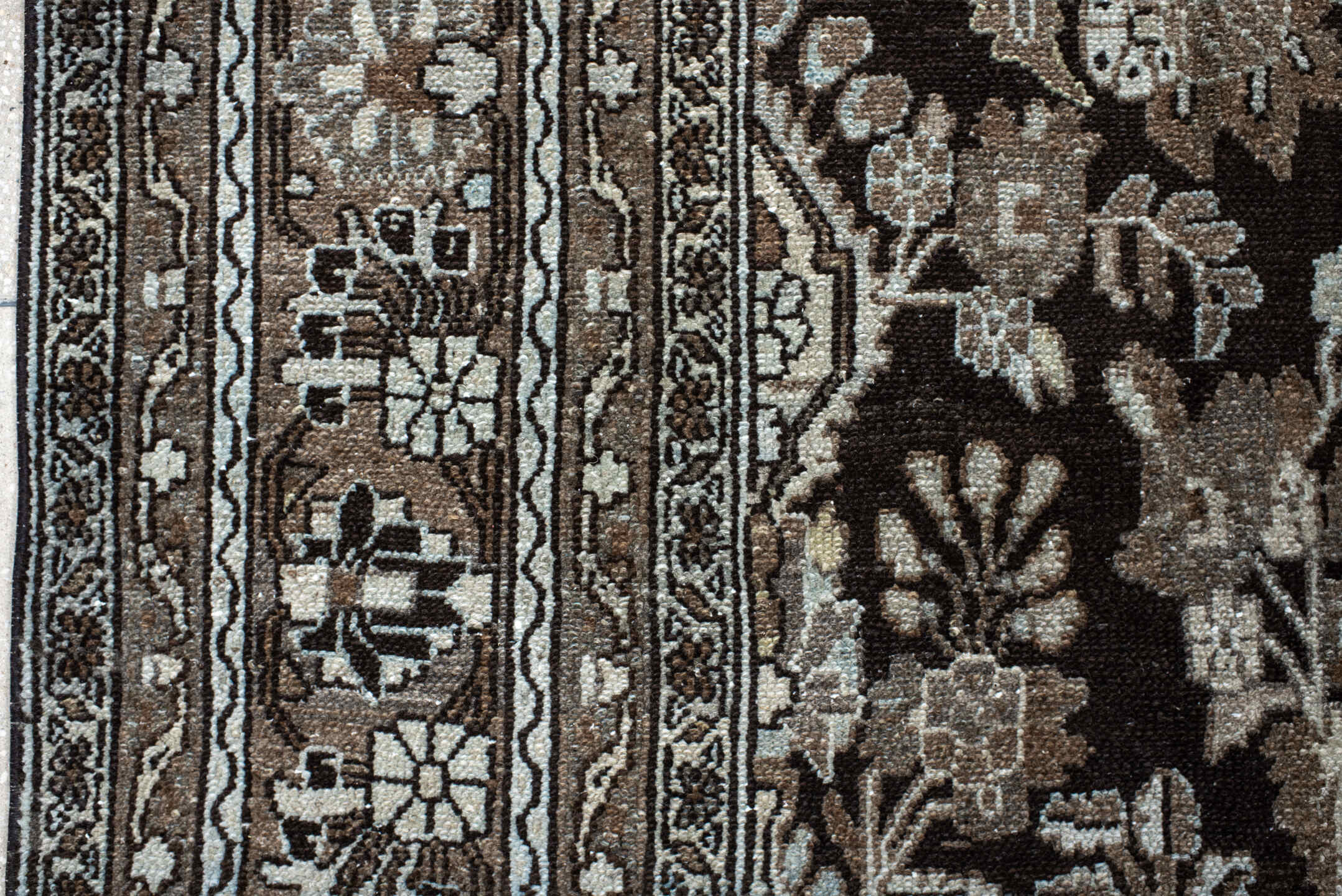 10' x 13' one-of-a-kind handmade vintage Dargazin large size rug. Color palette: brown, ivory, taupe, charcoal, beige, gray