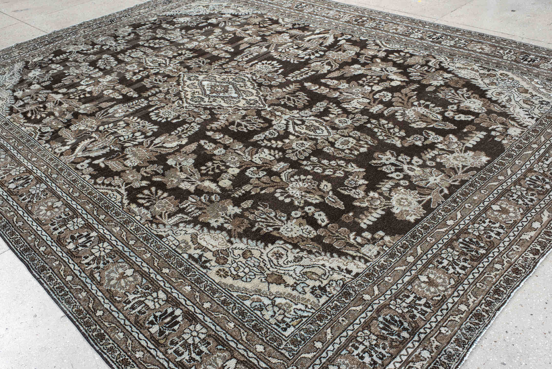 10' x 13' one-of-a-kind handmade vintage Dargazin large size rug. Color palette: brown, ivory, taupe, charcoal, beige, gray
