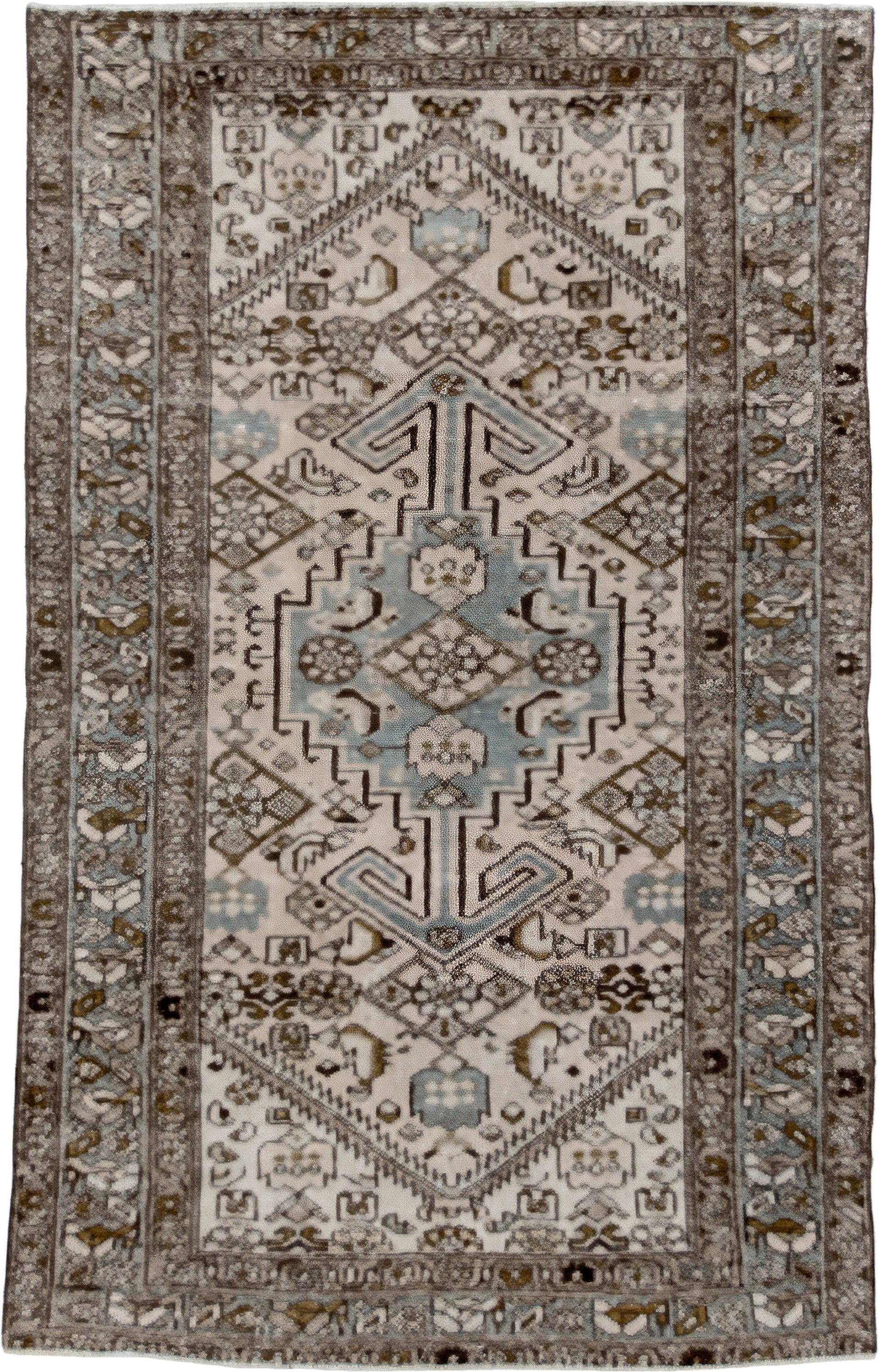 4' x 6' one-of-a-kind handmade vintage Heriz small size rug. Color palette: ivory, taupe, sky_blue, brown, charcoal, camel