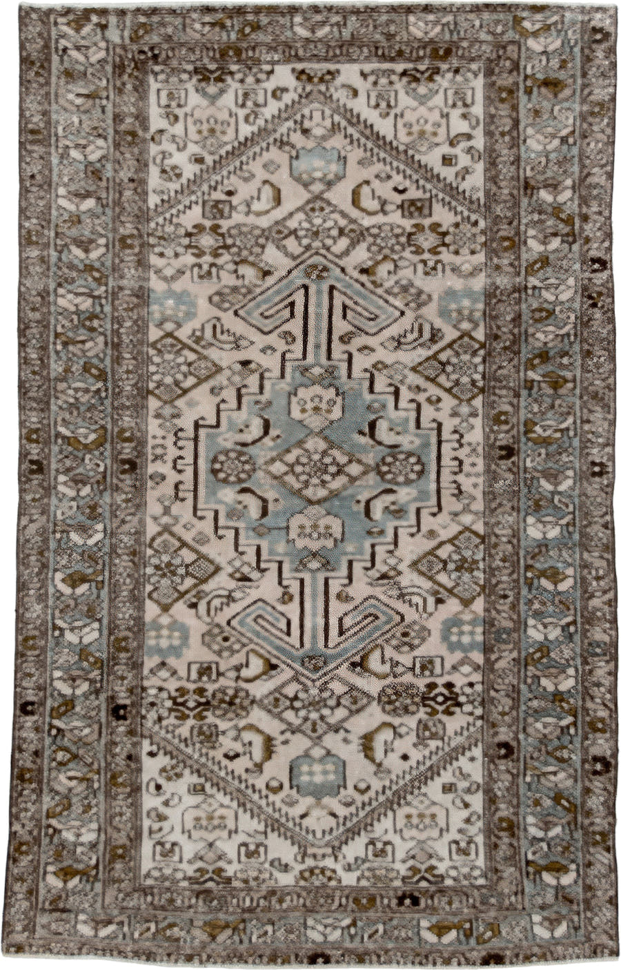 4' x 6' one-of-a-kind handmade vintage Heriz small size rug. Color palette: ivory, taupe, sky_blue, brown, charcoal, camel