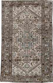 4' x 6' one-of-a-kind handmade vintage Heriz small size rug. Color palette: ivory, taupe, sky_blue, brown, charcoal, camel