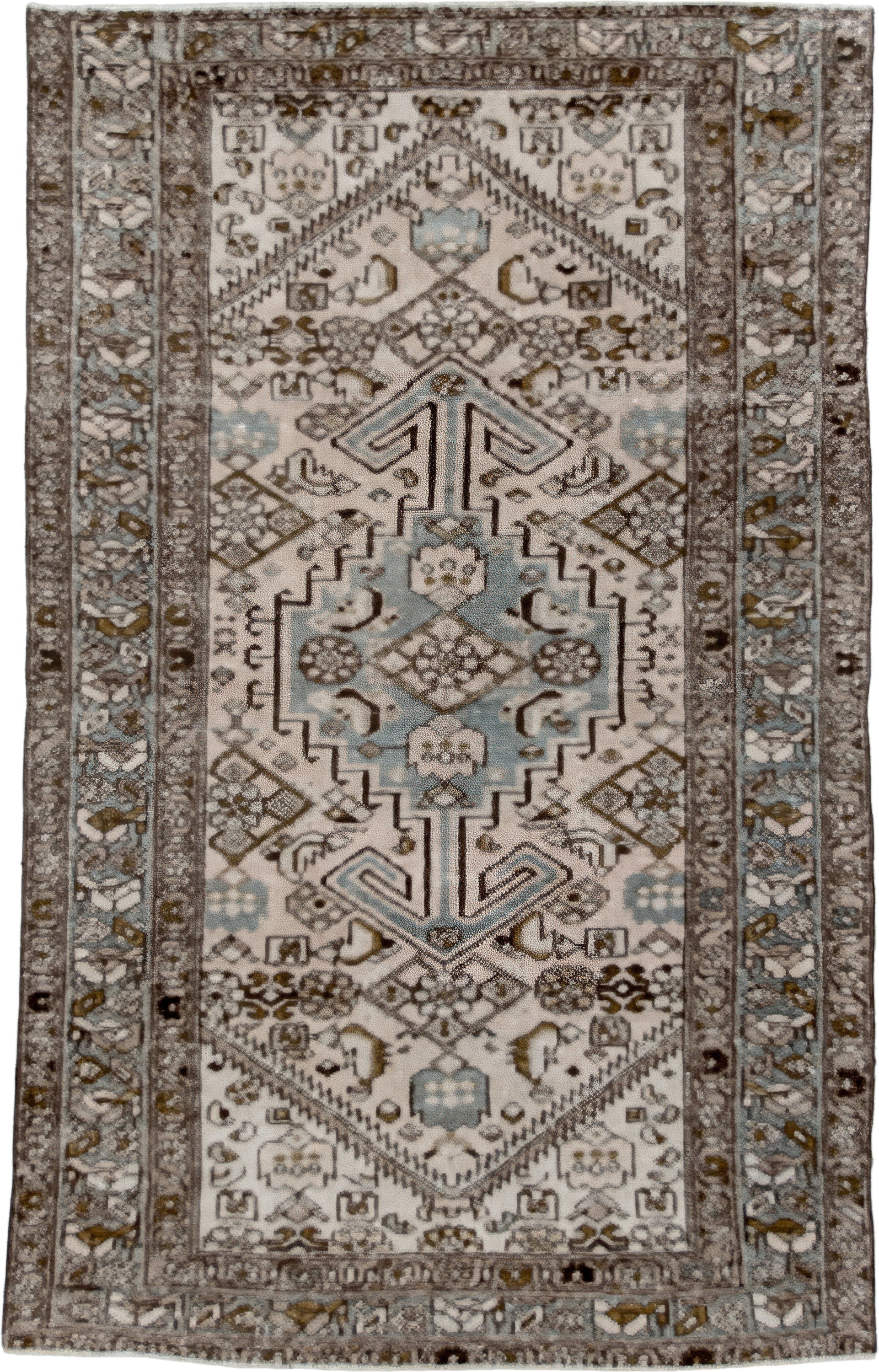 4' x 6' one-of-a-kind handmade vintage Heriz small size rug. Color palette: ivory, taupe, sky_blue, brown, charcoal, camel