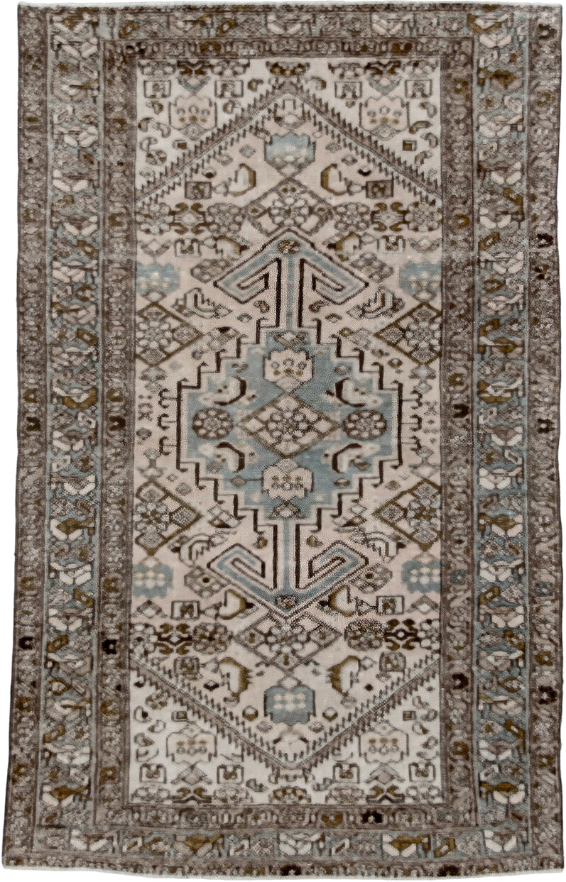 4' x 6' one-of-a-kind handmade vintage Heriz small size rug. Color palette: ivory, taupe, sky_blue, brown, charcoal, camel