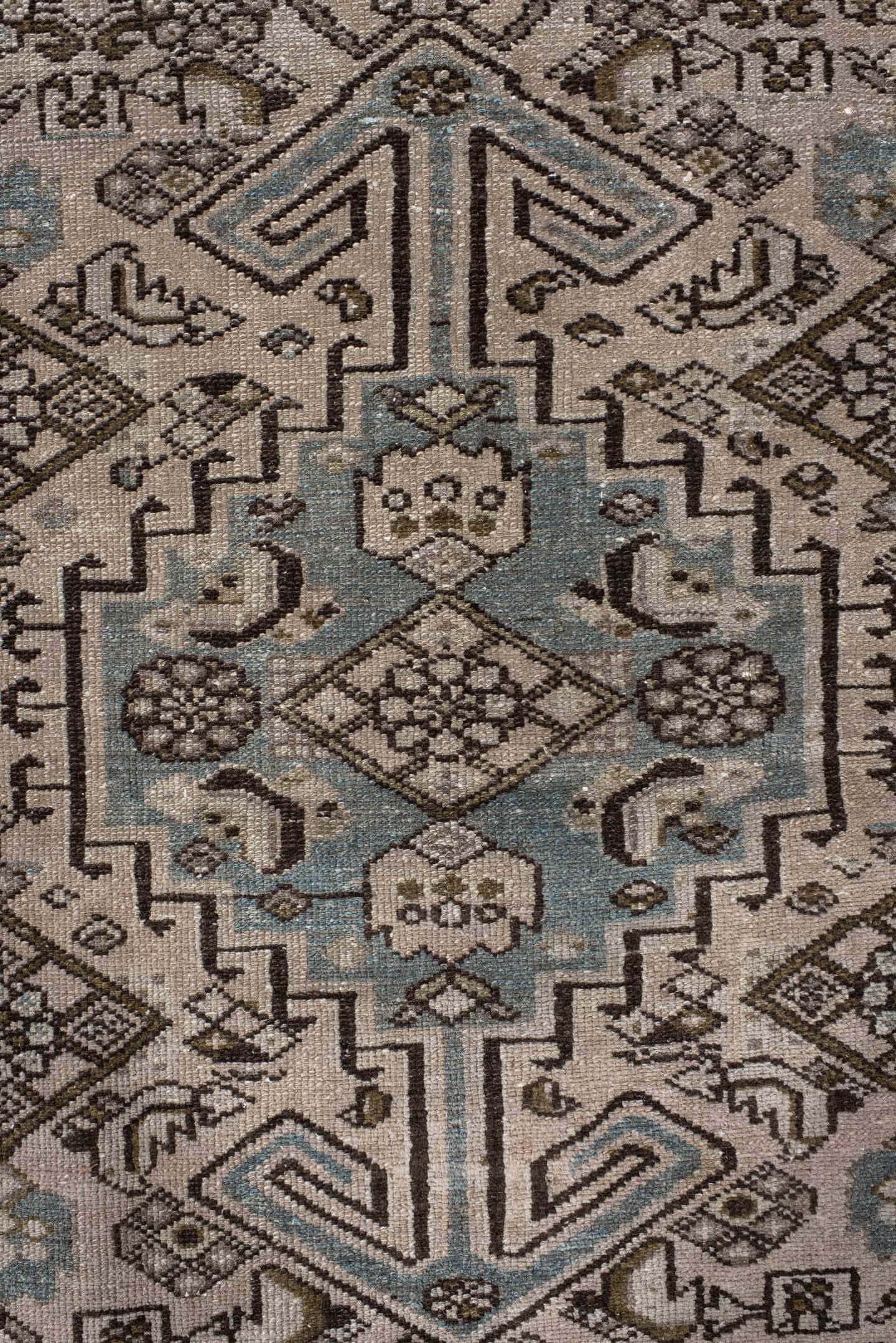 4' x 6' one-of-a-kind handmade vintage Heriz small size rug. Color palette: ivory, taupe, sky_blue, brown, charcoal, camel