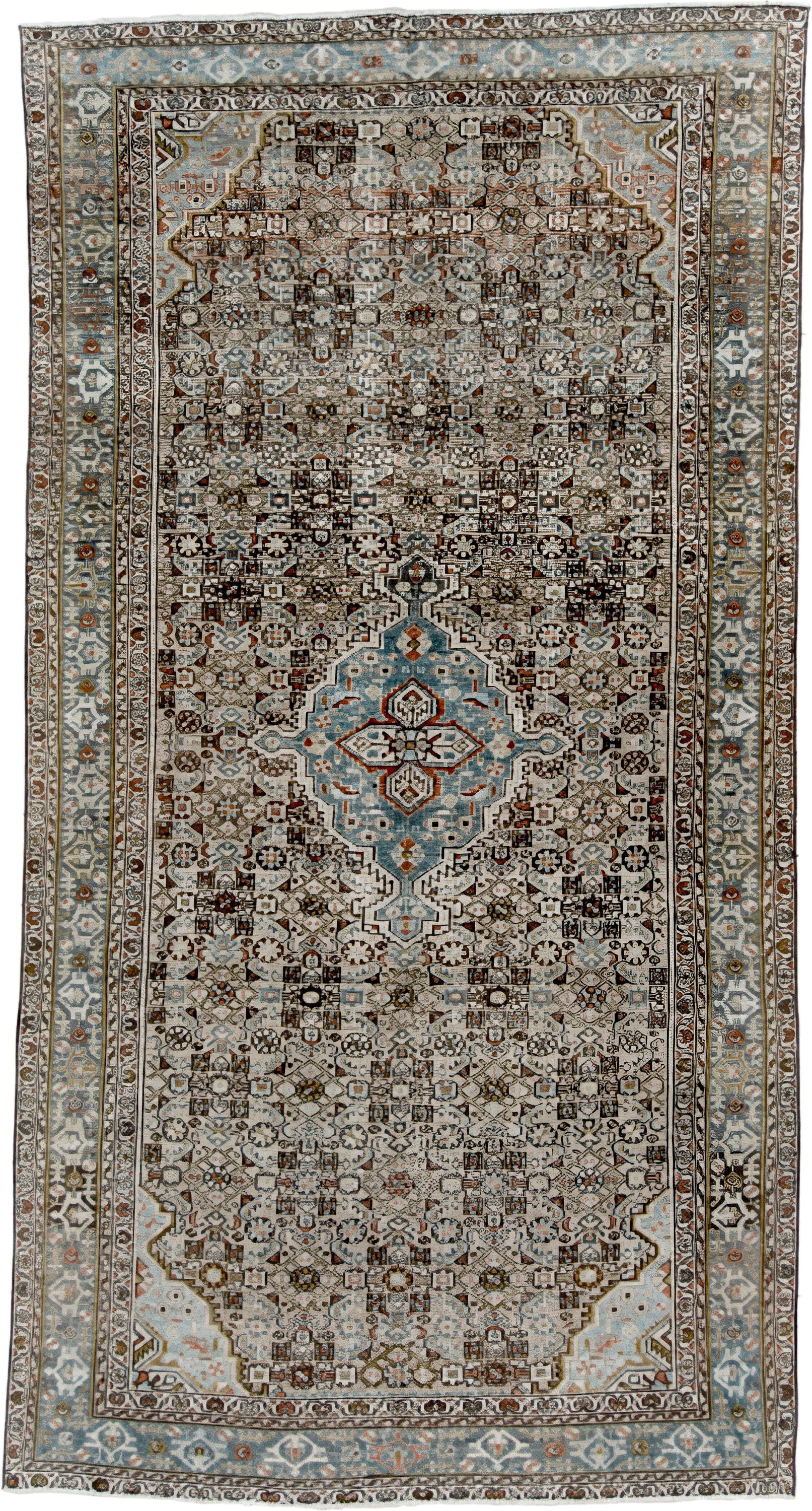 5' x 9' one-of-a-kind handmade vintage Malayer medium size rug. Color palette: ivory, sky blue, brown, rust, charcoal, taupe