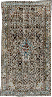 5' x 9' one-of-a-kind handmade vintage Malayer medium size rug. Color palette: ivory, sky blue, brown, rust, charcoal, taupe