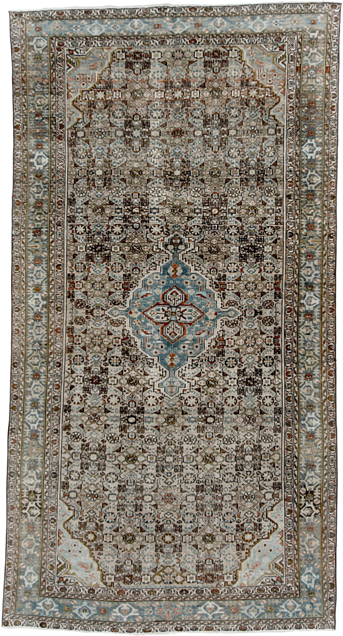 5' x 9' one-of-a-kind handmade vintage Malayer medium size rug. Color palette: ivory, sky blue, brown, rust, charcoal, taupe