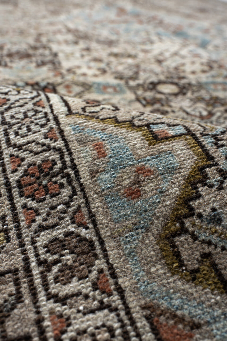 5' x 9' one-of-a-kind handmade vintage Malayer medium size rug. Color palette: ivory, sky blue, brown, rust, charcoal, taupe