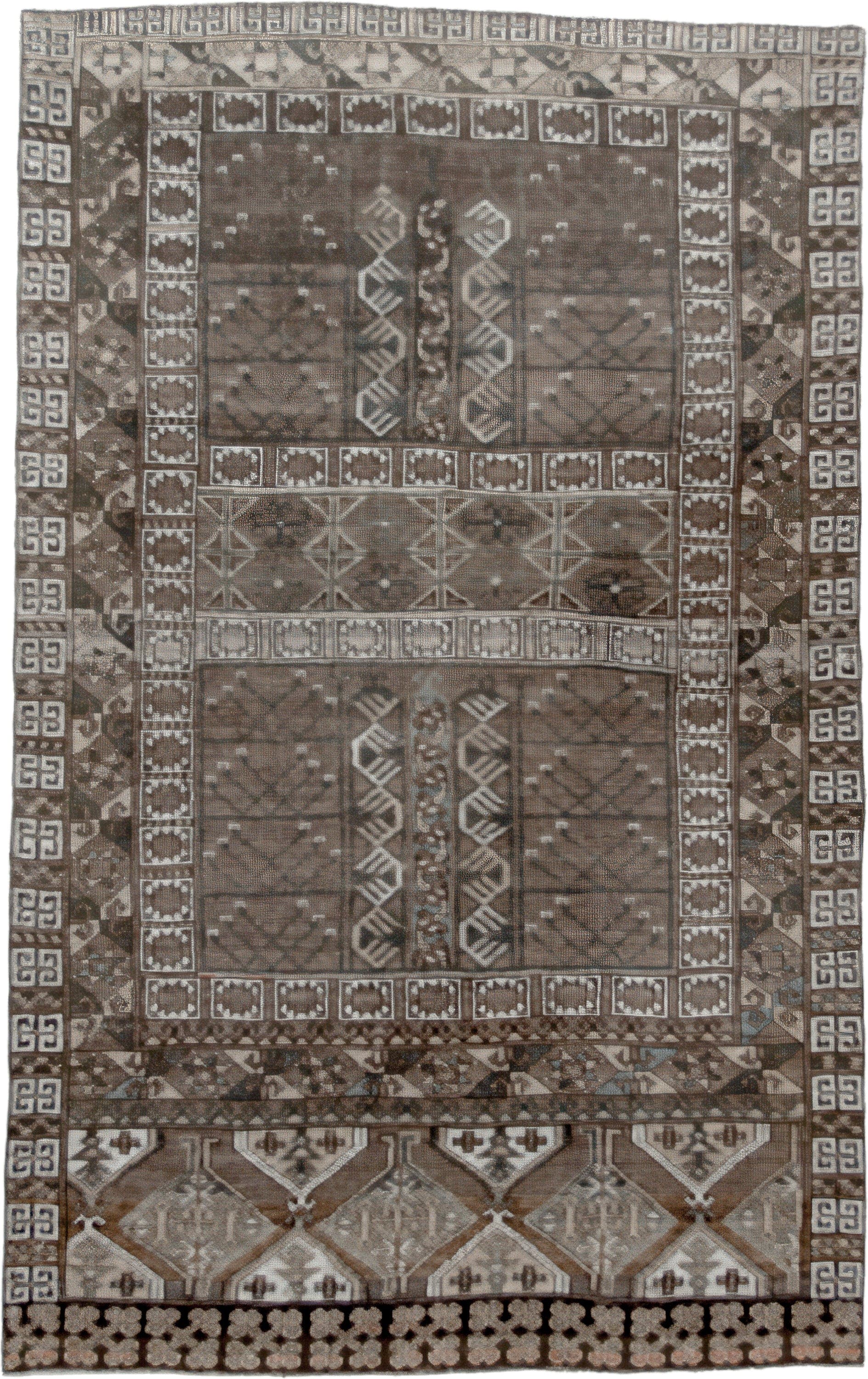 4' x 6' one-of-a-kind handmade vintage Belouch small size rug. Color palette: taupe, brown, ivory, charcoal, camel, slate