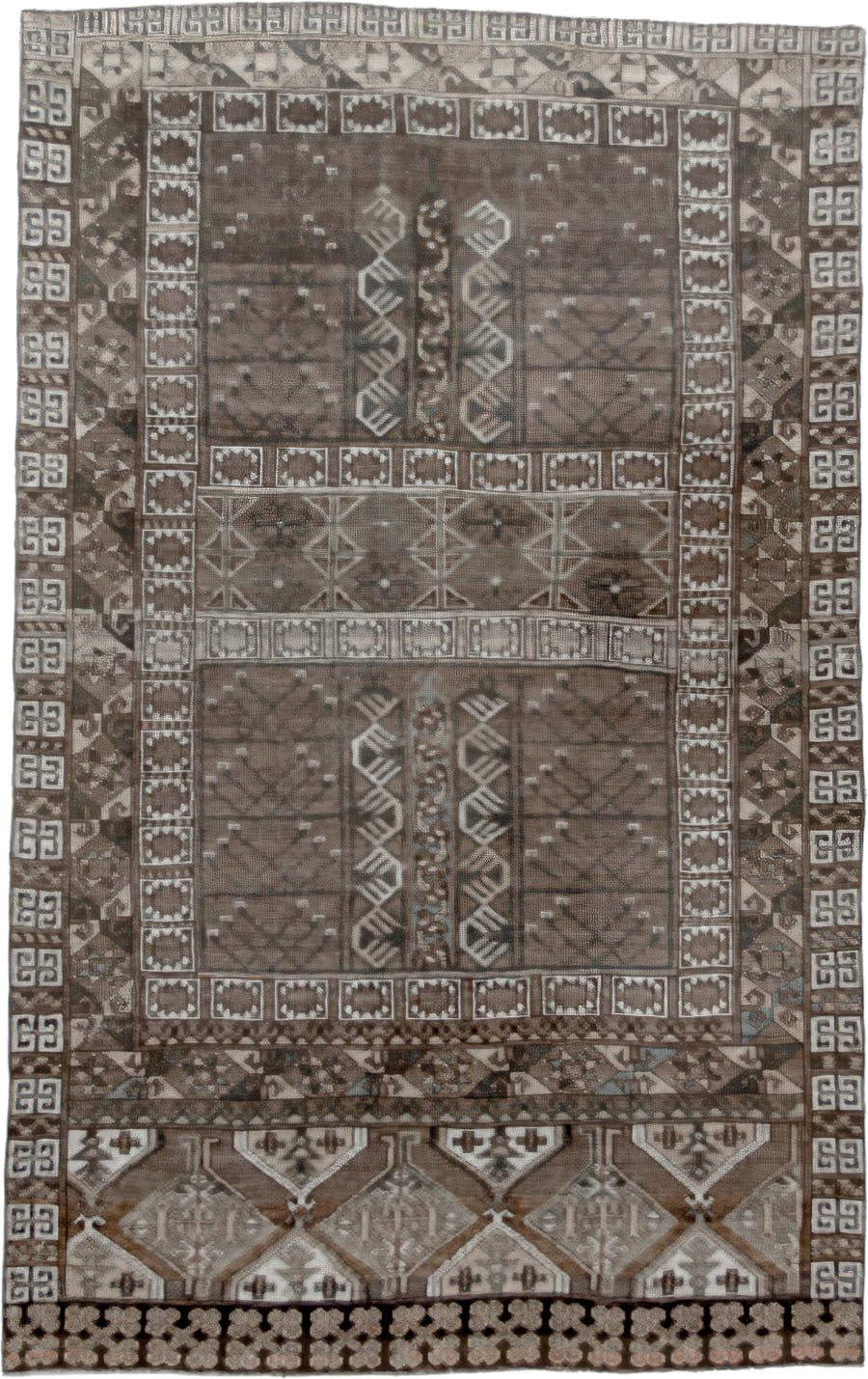 4' x 6' one-of-a-kind handmade vintage Belouch small size rug. Color palette: taupe, brown, ivory, charcoal, camel, slate