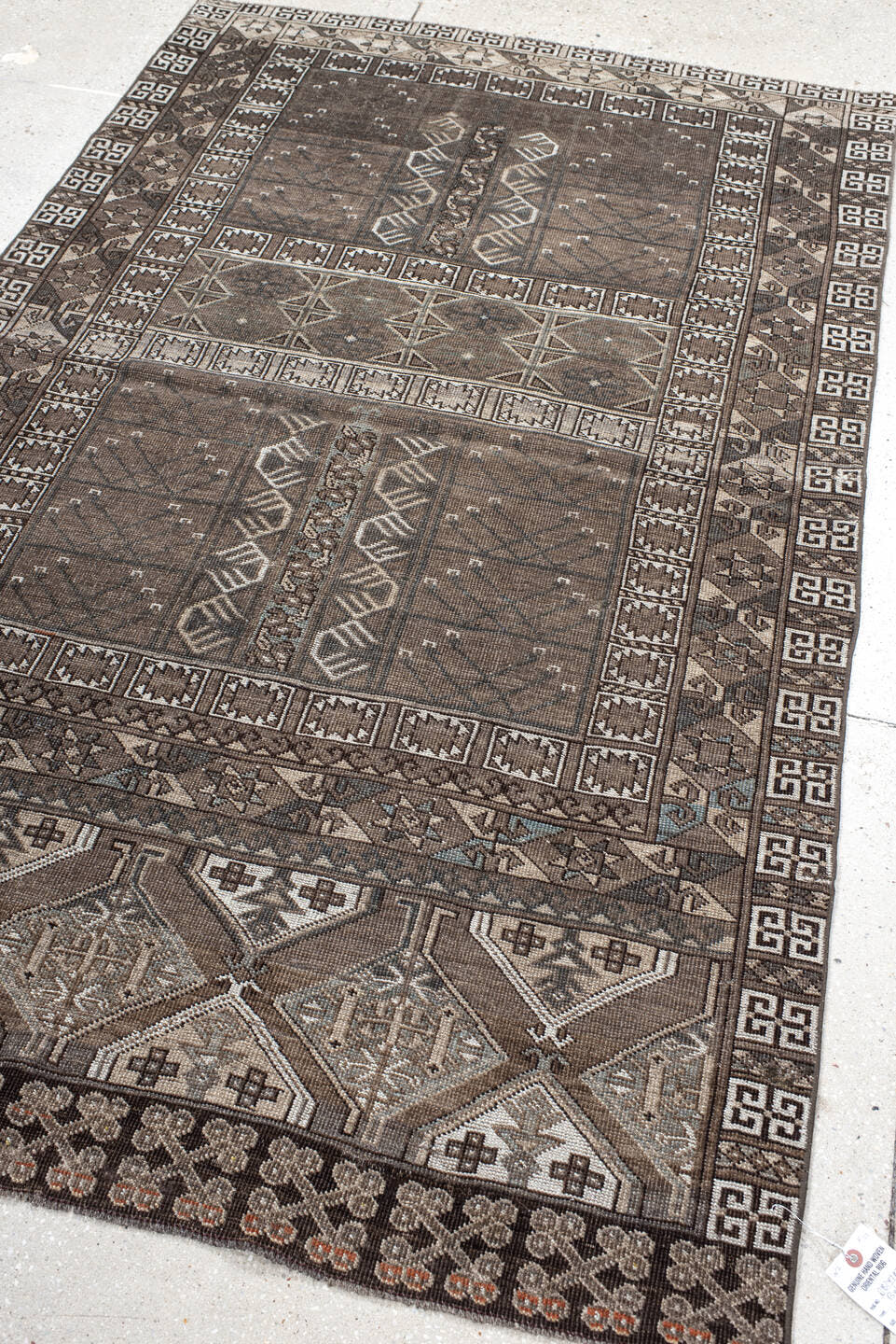 4' x 6' one-of-a-kind handmade vintage Belouch small size rug. Color palette: taupe, brown, ivory, charcoal, camel, slate