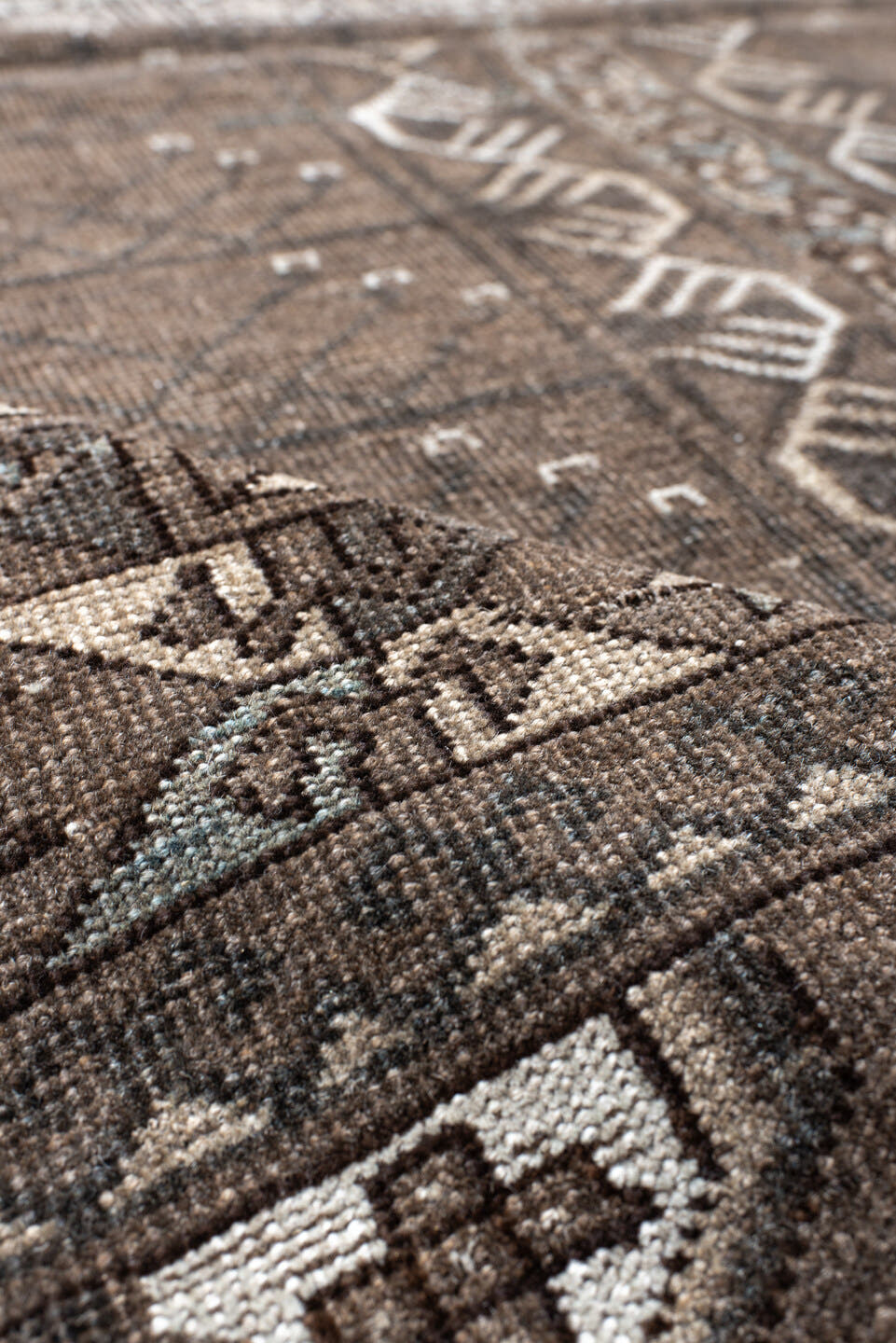 4' x 6' one-of-a-kind handmade vintage Belouch small size rug. Color palette: taupe, brown, ivory, charcoal, camel, slate