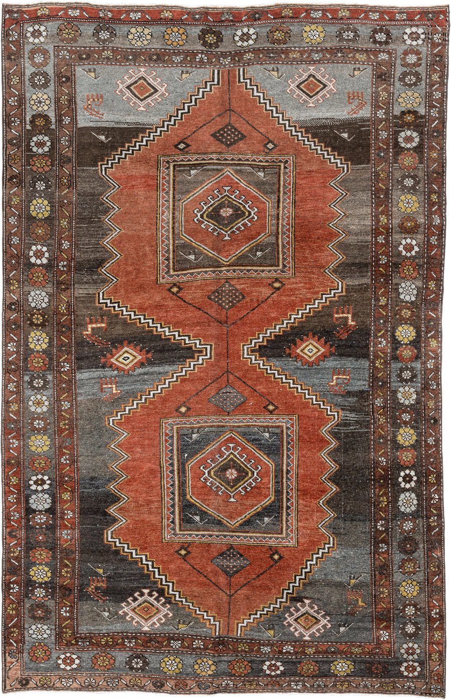 5' x 8' one-of-a-kind handmade vintage Veece medium size rug. Color palette: rust, charcoal, slate, brown, ivory, gold