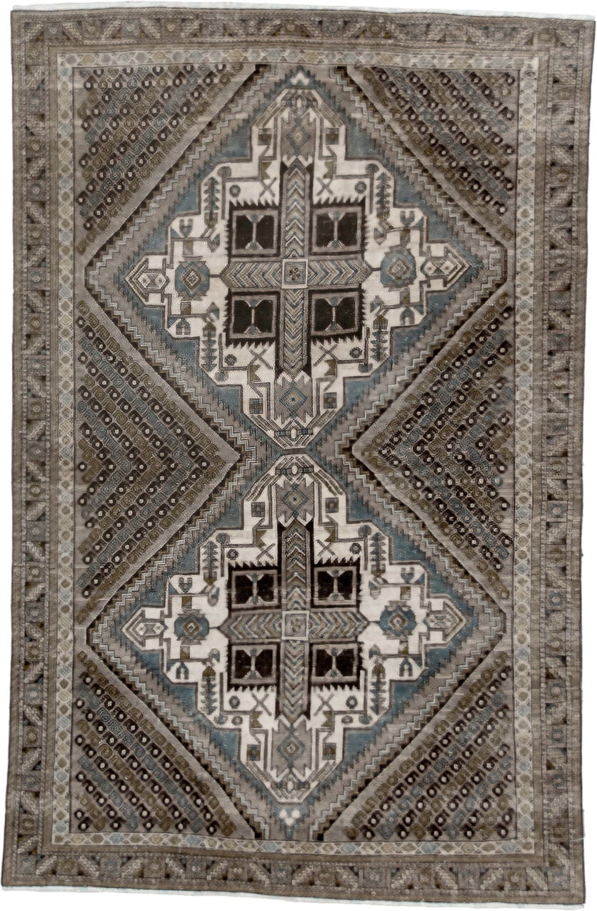 4' x 6' one-of-a-kind handmade vintage Afshar small size rug. Color palette: ivory, taupe, brown, charcoal, slate, camel