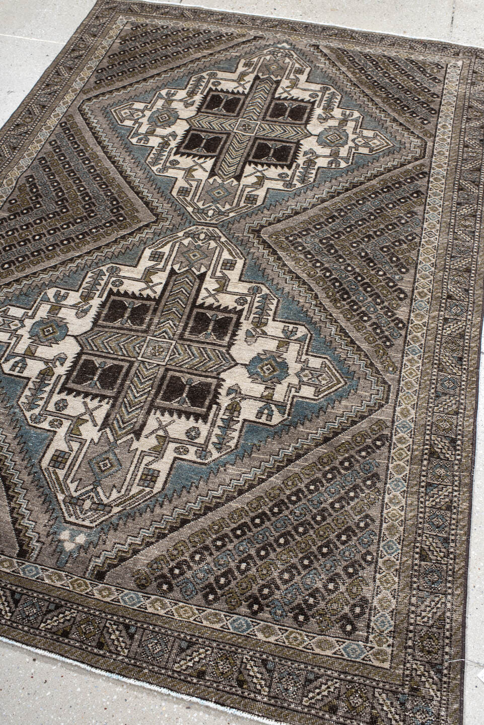 4' x 6' one-of-a-kind handmade vintage Afshar small size rug. Color palette: ivory, taupe, brown, charcoal, slate, camel
