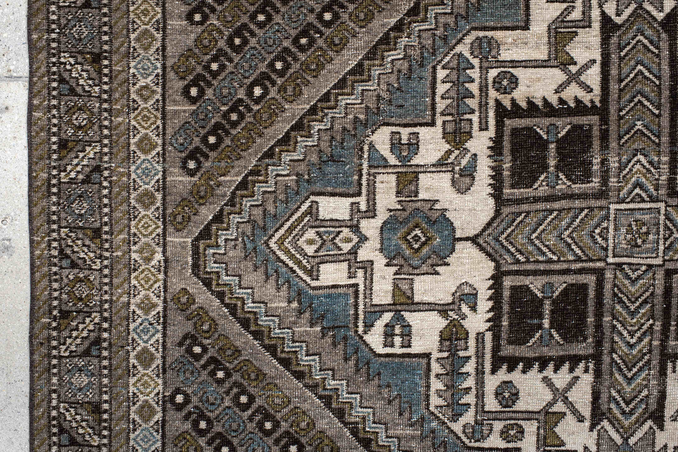 4' x 6' one-of-a-kind handmade vintage Afshar small size rug. Color palette: ivory, taupe, brown, charcoal, slate, camel