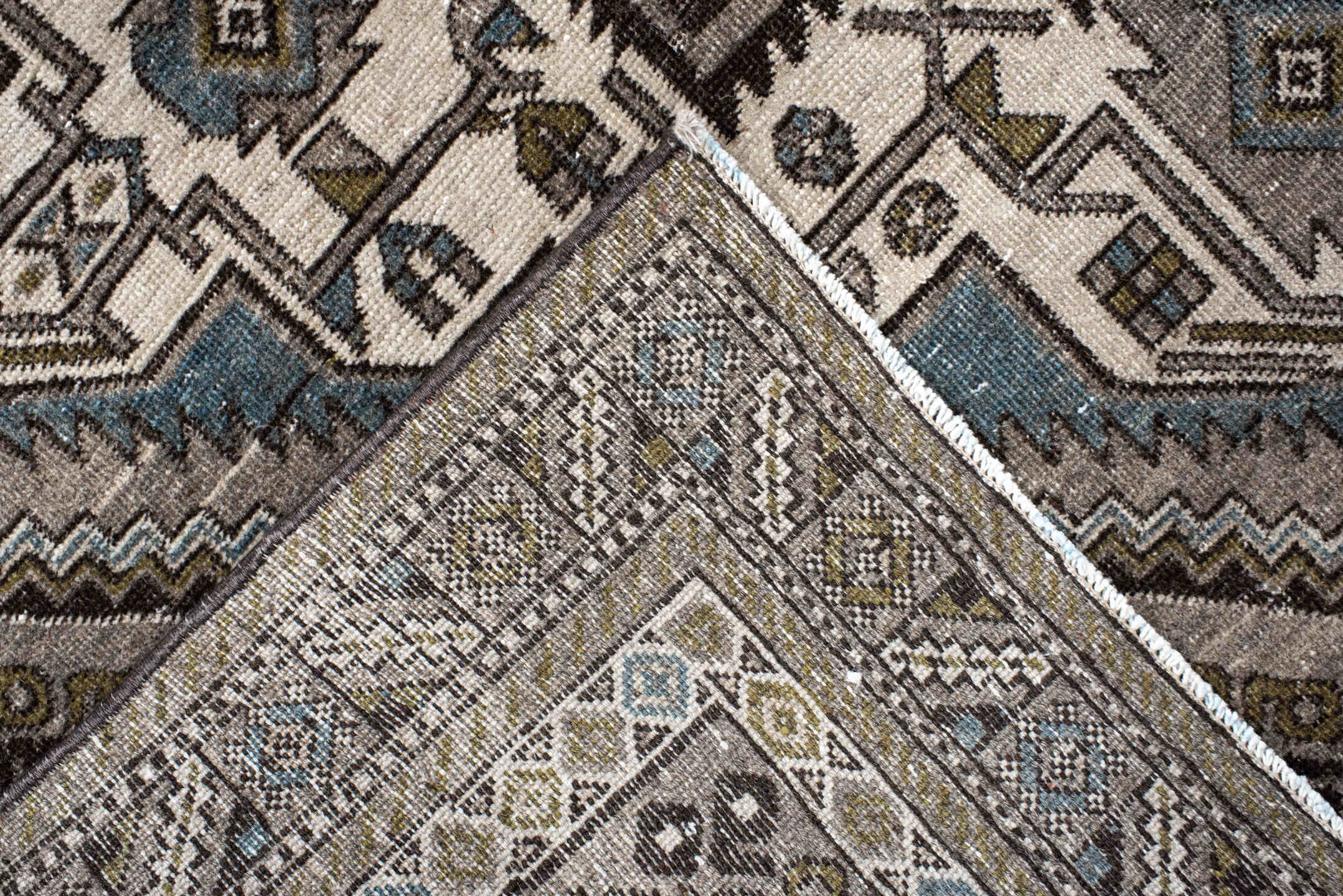 4' x 6' one-of-a-kind handmade vintage Afshar small size rug. Color palette: ivory, taupe, brown, charcoal, slate, camel