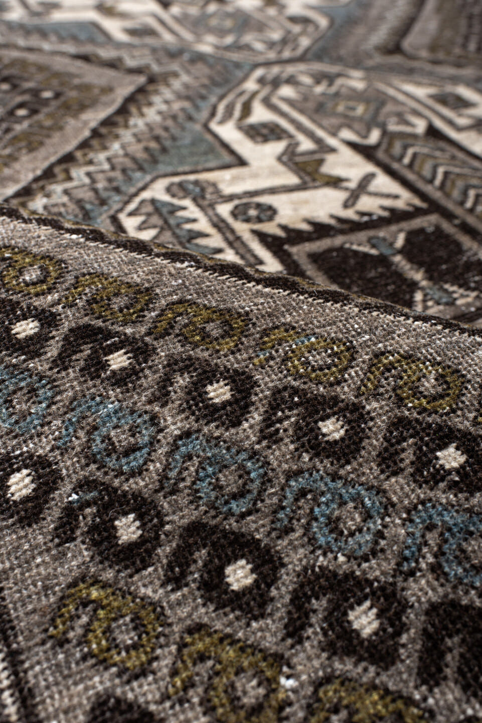 4' x 6' one-of-a-kind handmade vintage Afshar small size rug. Color palette: ivory, taupe, brown, charcoal, slate, camel