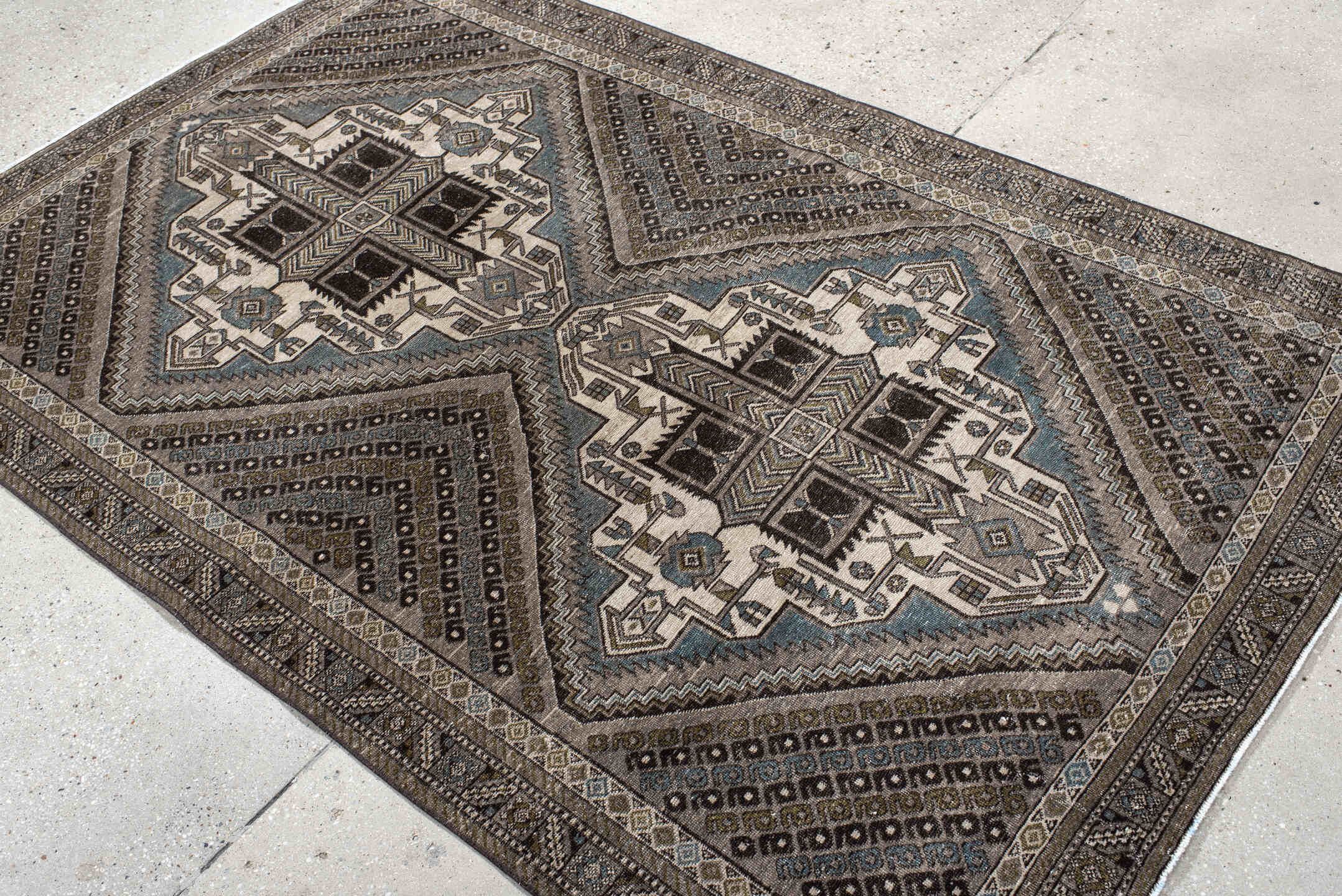 4' x 6' one-of-a-kind handmade vintage Afshar small size rug. Color palette: ivory, taupe, brown, charcoal, slate, camel