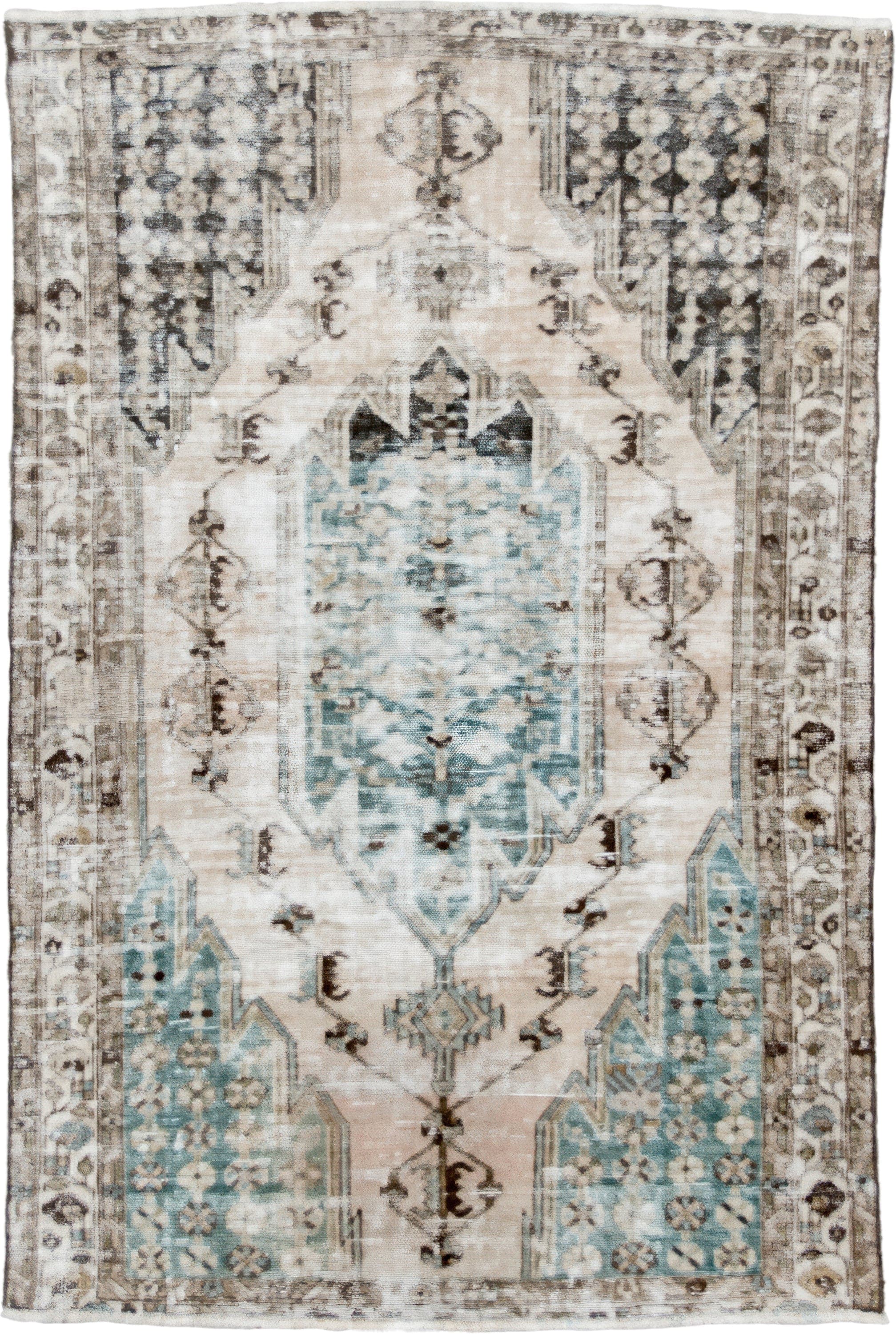 4' x 6' one-of-a-kind handmade vintage Mazlaghan small size rug. Color palette: ivory, aqua, taupe, charcoal, beige, brown
