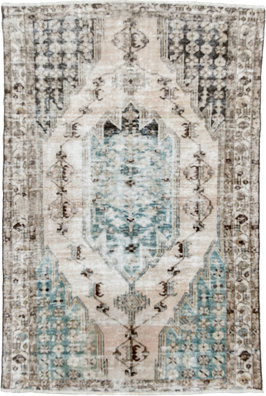 4' x 6' one-of-a-kind handmade vintage Mazlaghan small size rug. Color palette: ivory, aqua, taupe, charcoal, beige, brown