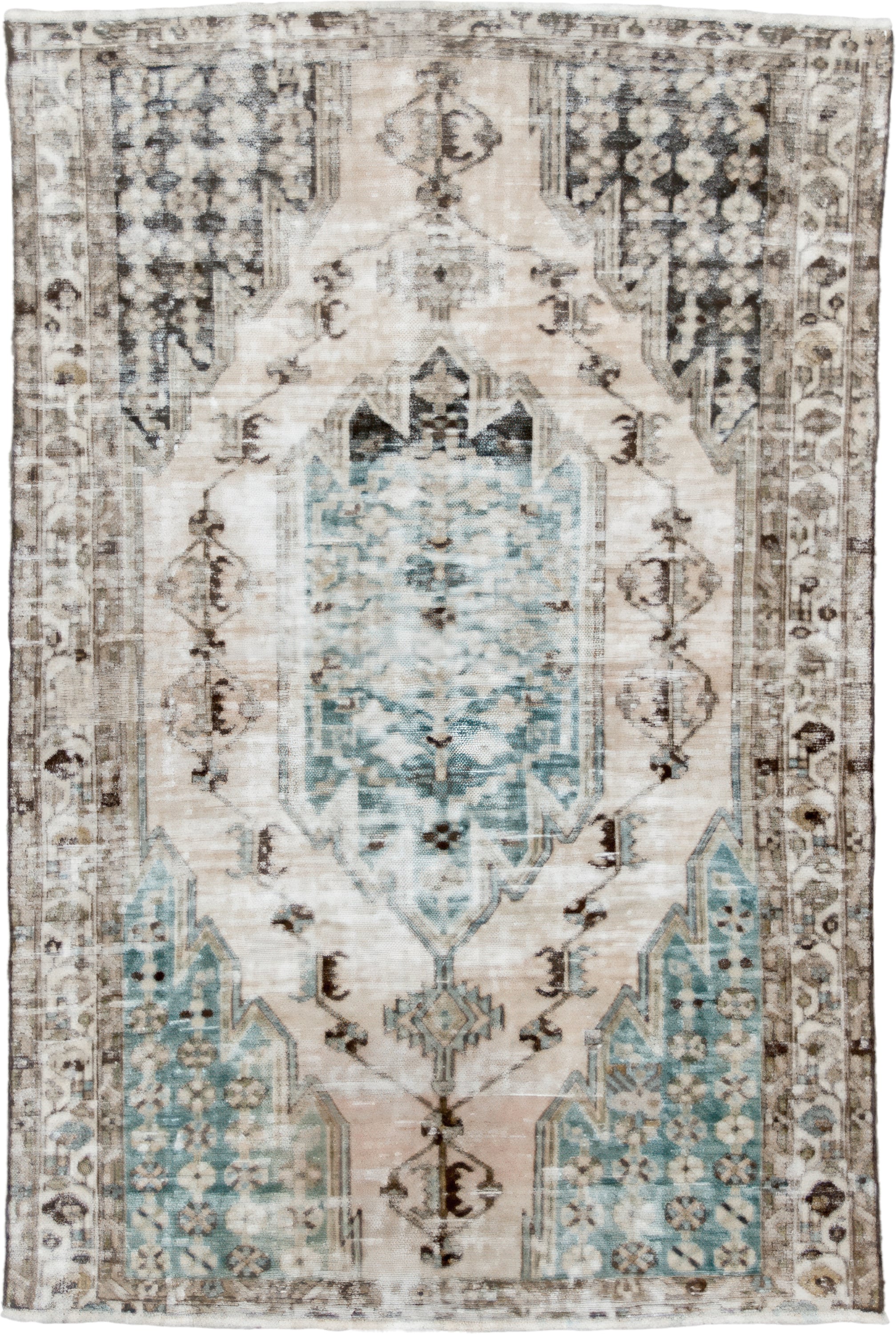 4' x 6' one-of-a-kind handmade vintage Mazlaghan small size rug. Color palette: ivory, aqua, taupe, charcoal, beige, brown