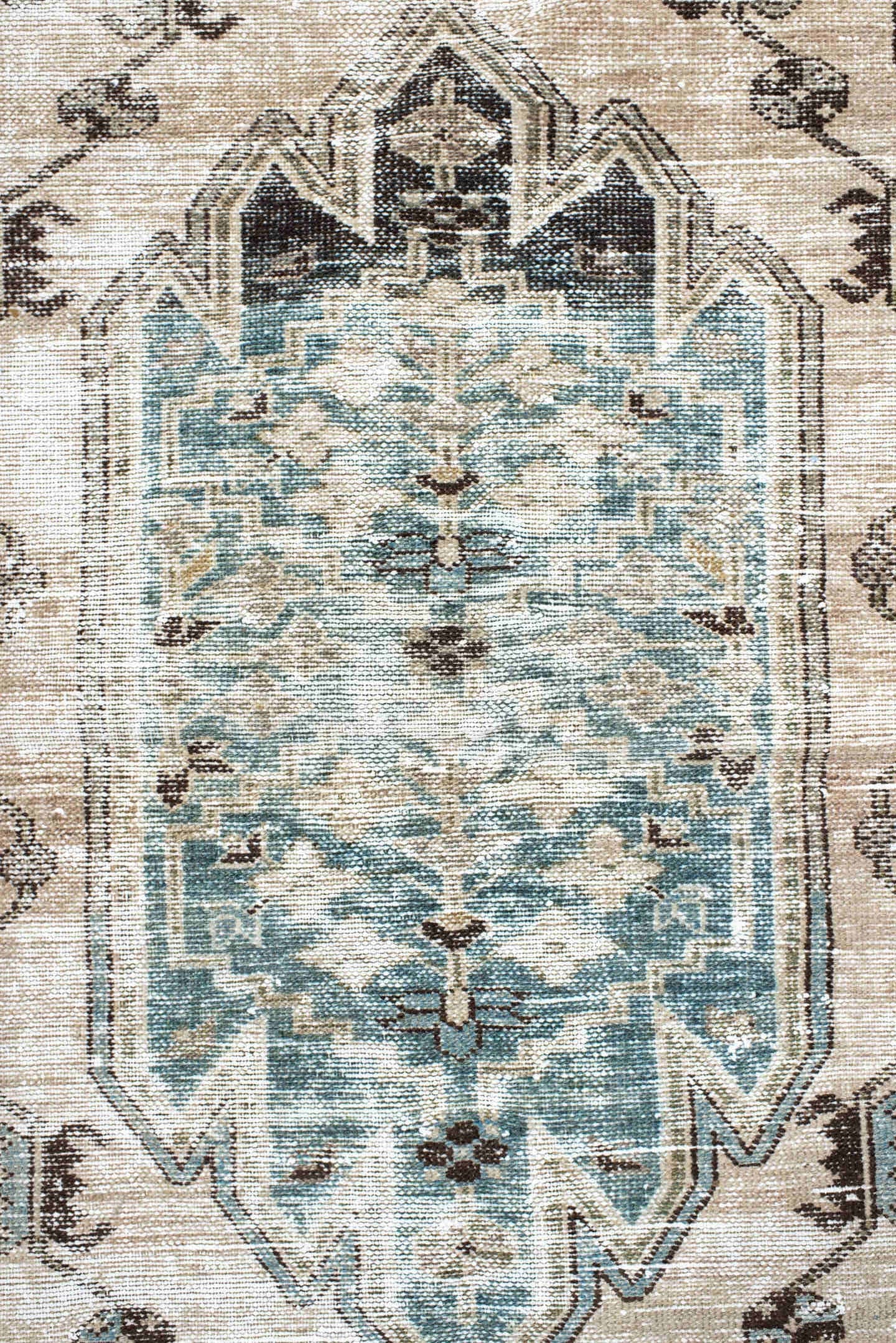4' x 6' one-of-a-kind handmade vintage Mazlaghan small size rug. Color palette: ivory, aqua, taupe, charcoal, beige, brown