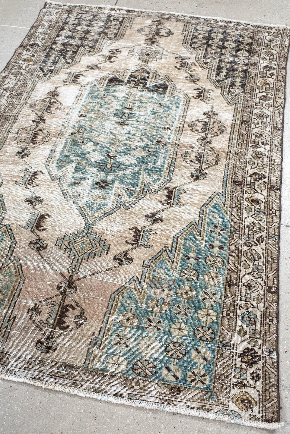 4' x 6' one-of-a-kind handmade vintage Mazlaghan small size rug. Color palette: ivory, aqua, taupe, charcoal, beige, brown
