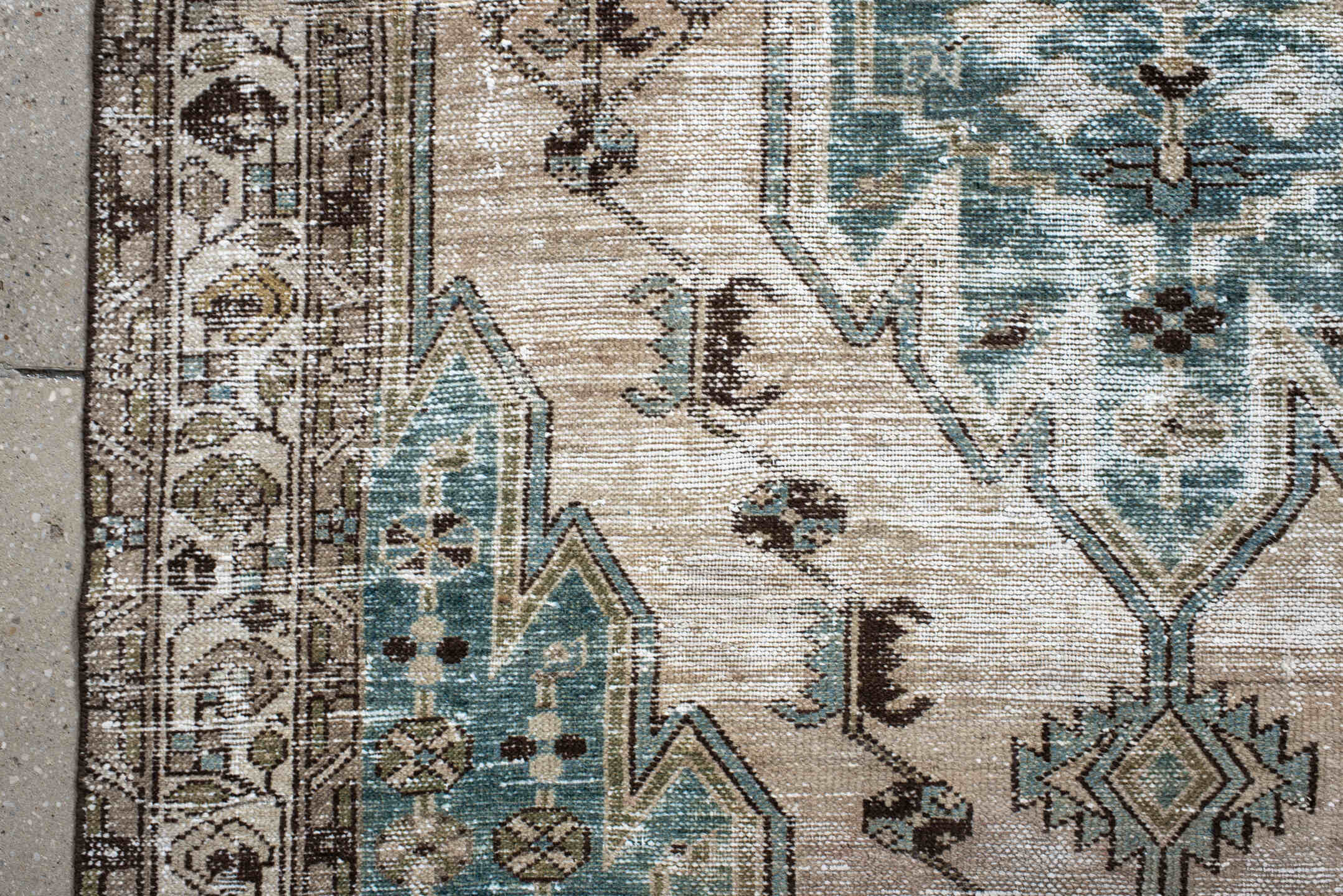 4' x 6' one-of-a-kind handmade vintage Mazlaghan small size rug. Color palette: ivory, aqua, taupe, charcoal, beige, brown