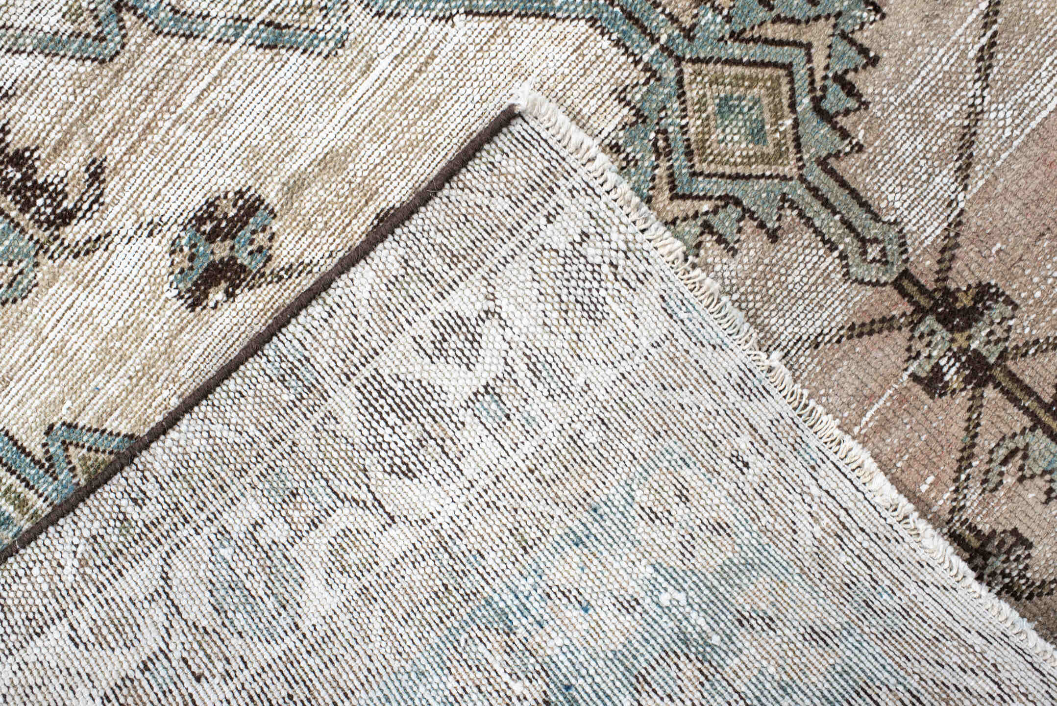 4' x 6' one-of-a-kind handmade vintage Mazlaghan small size rug. Color palette: ivory, aqua, taupe, charcoal, beige, brown
