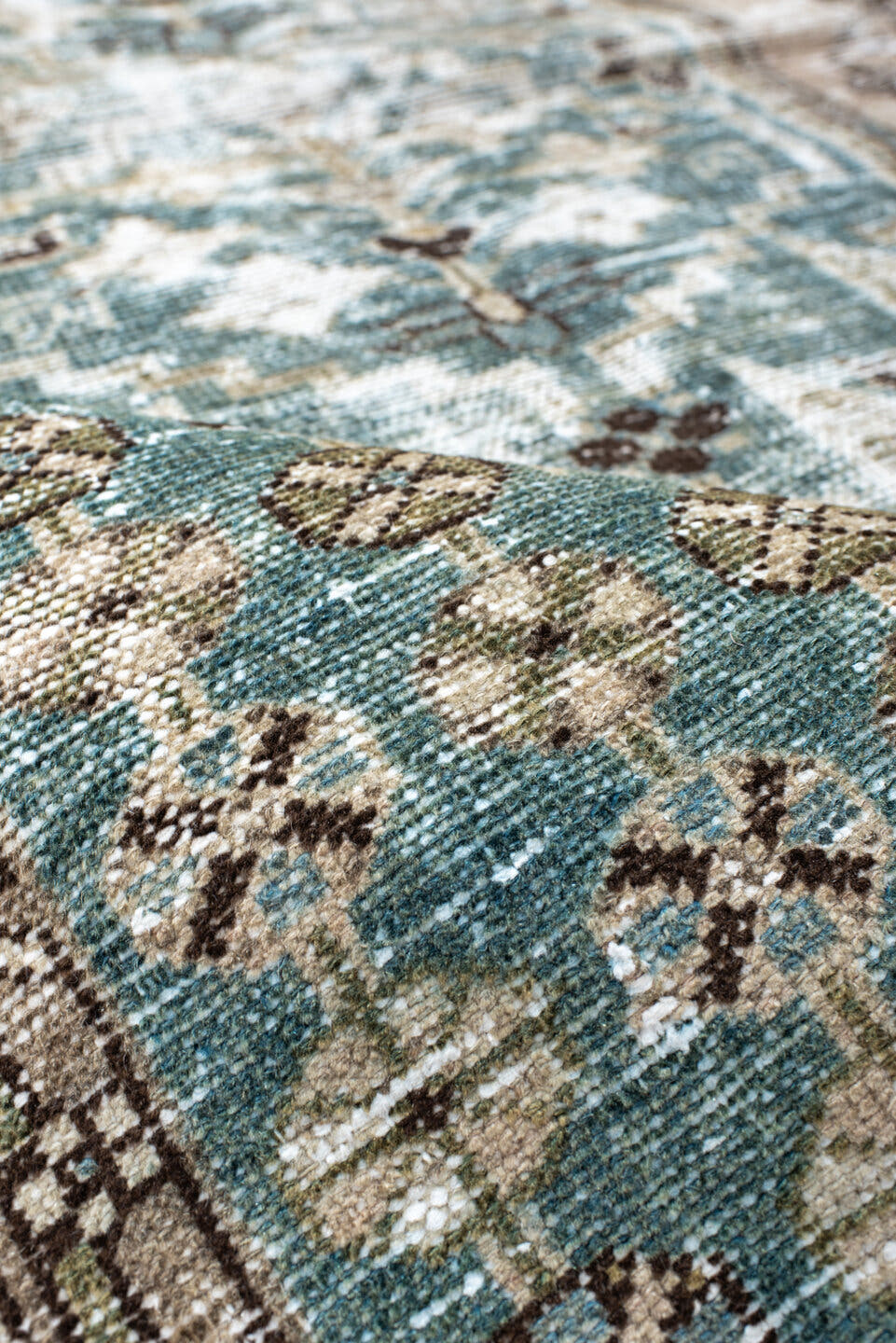 4' x 6' one-of-a-kind handmade vintage Mazlaghan small size rug. Color palette: ivory, aqua, taupe, charcoal, beige, brown