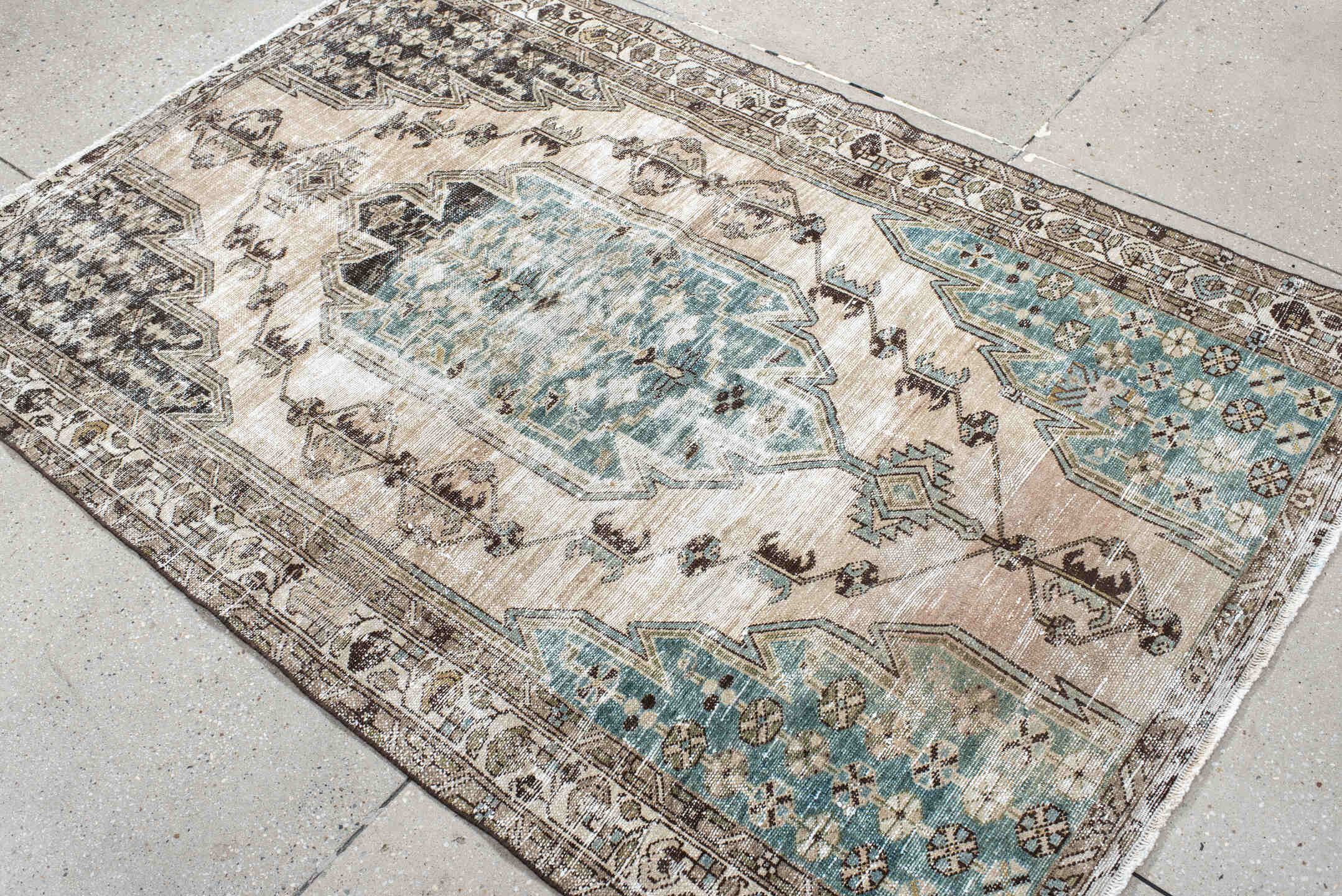 4' x 6' one-of-a-kind handmade vintage Mazlaghan small size rug. Color palette: ivory, aqua, taupe, charcoal, beige, brown