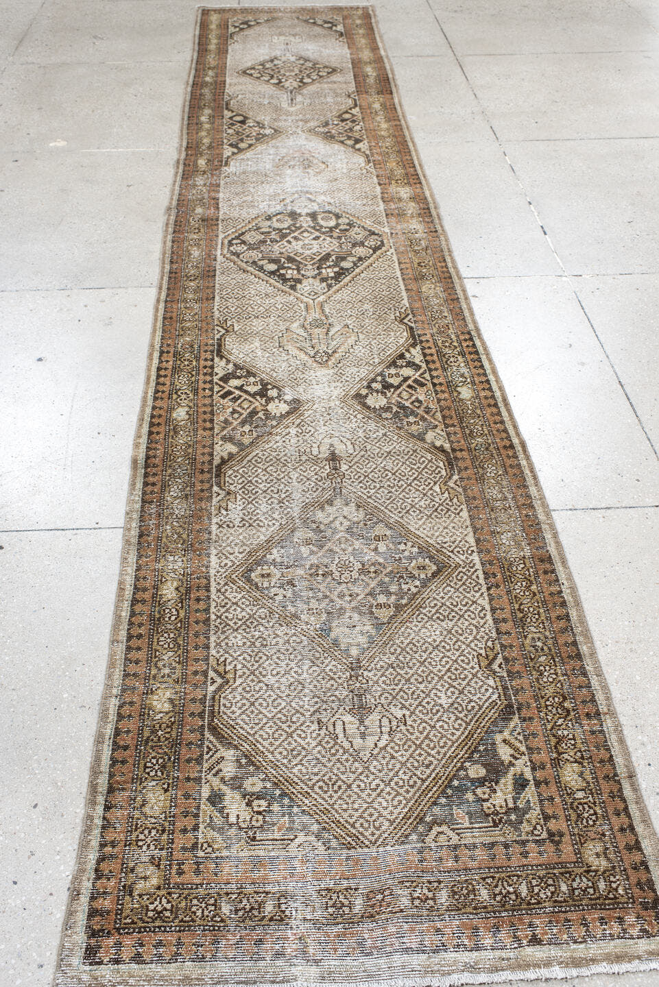 2' x 15' one-of-a-kind handmade vintage Cam Hamadan runner rug. Color palette: ivory, camel, taupe, charcoal, brown, tan