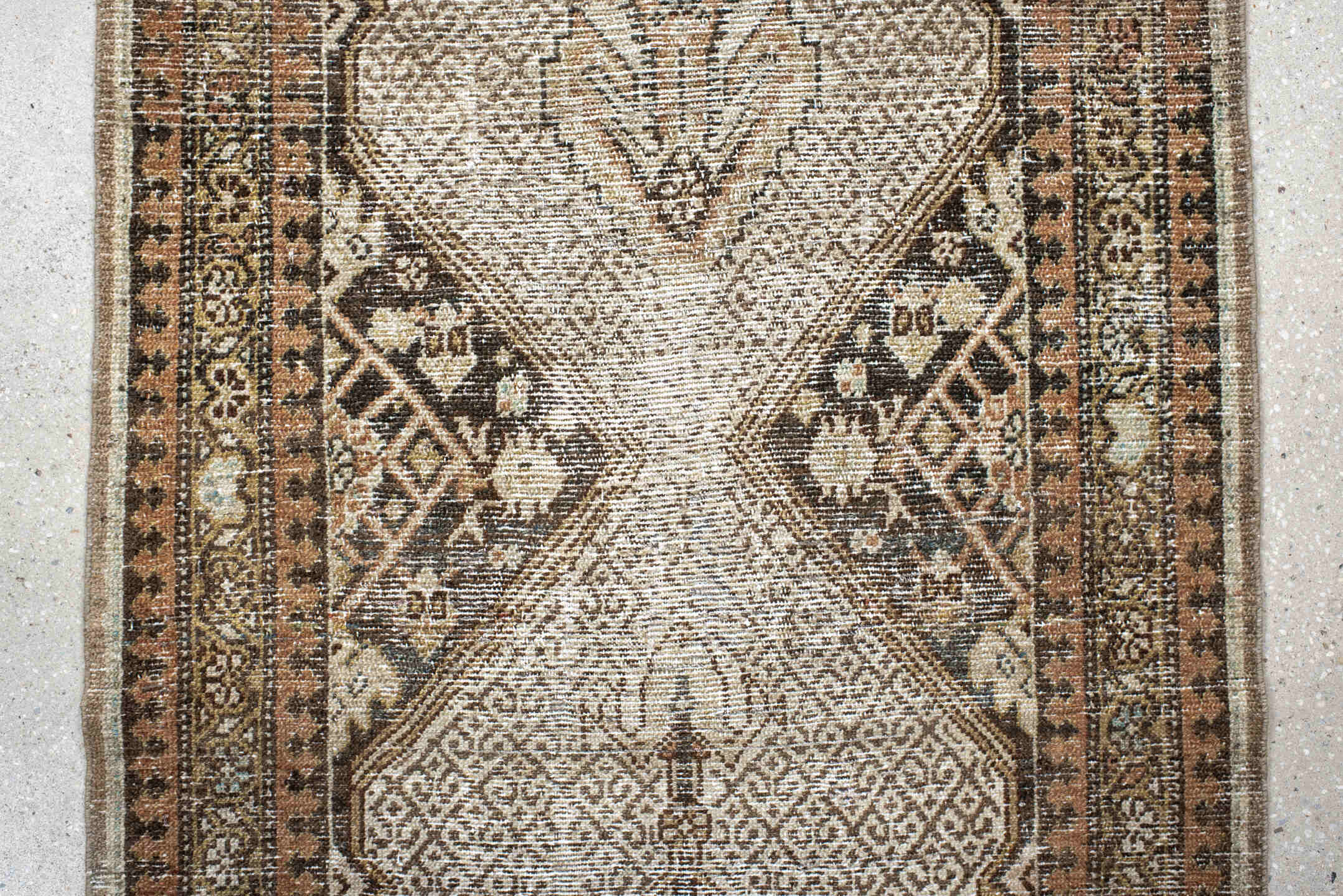 2' x 15' one-of-a-kind handmade vintage Cam Hamadan runner rug. Color palette: ivory, camel, taupe, charcoal, brown, tan