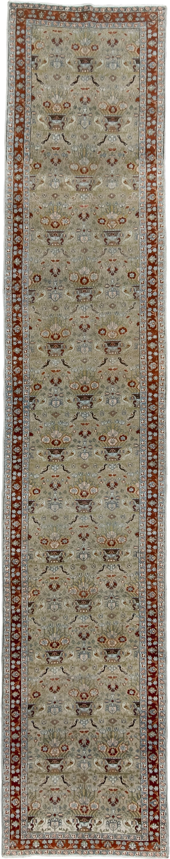 2' x 14' one-of-a-kind handmade vintage Senne runner rug. Color palette: ivory, rust, sage, light blue, taupe, brown