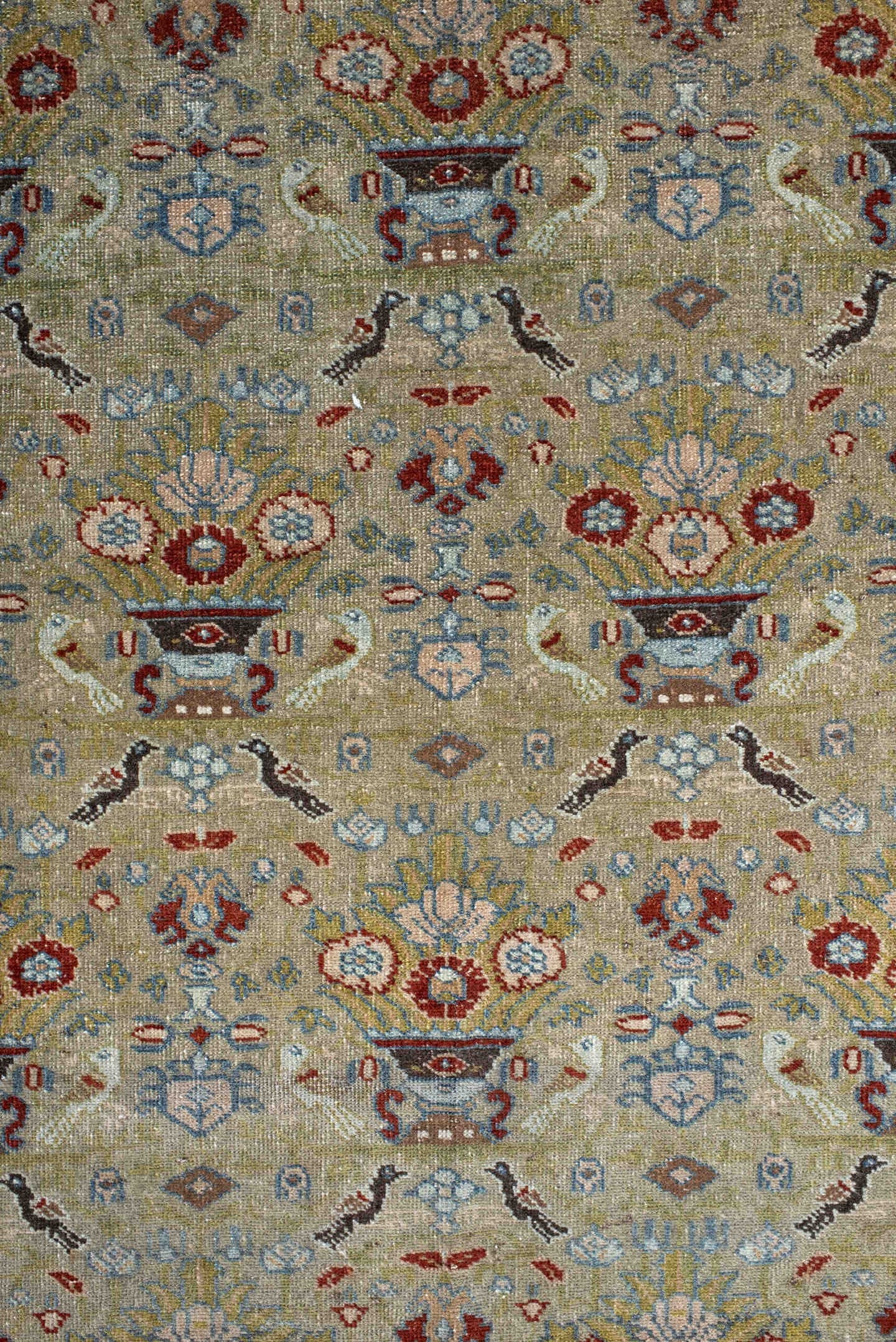2' x 14' one-of-a-kind handmade vintage Senne runner rug. Color palette: ivory, rust, sage, light blue, taupe, brown