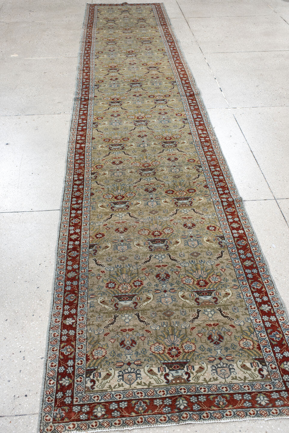 2' x 14' one-of-a-kind handmade vintage Senne runner rug. Color palette: ivory, rust, sage, light blue, taupe, brown