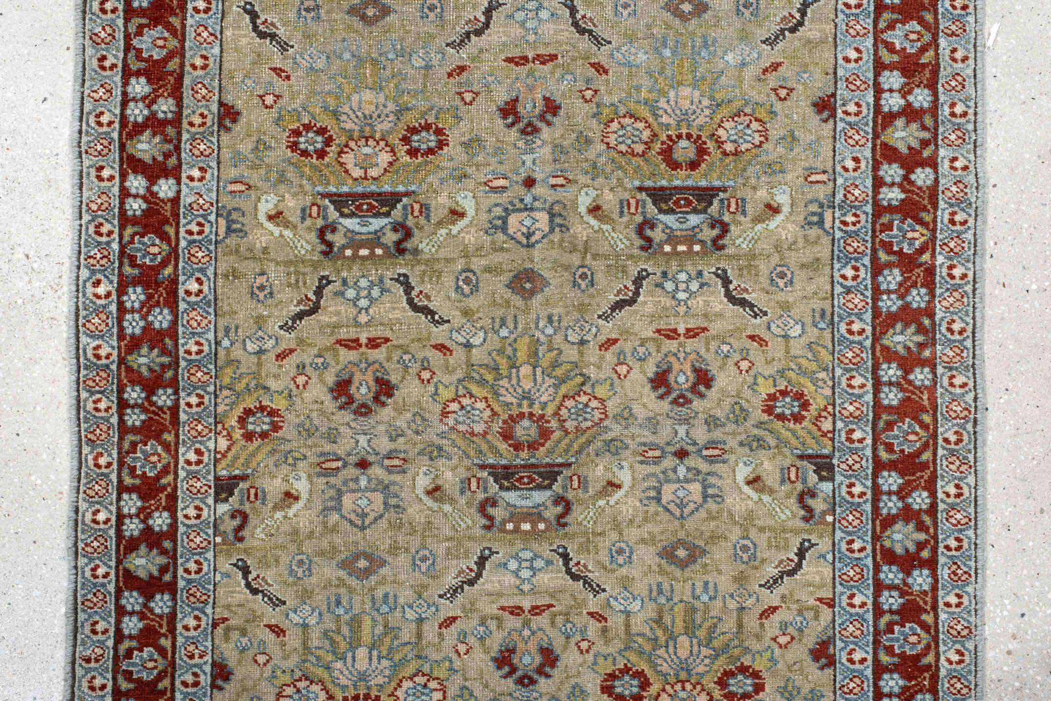 2' x 14' one-of-a-kind handmade vintage Senne runner rug. Color palette: ivory, rust, sage, light blue, taupe, brown