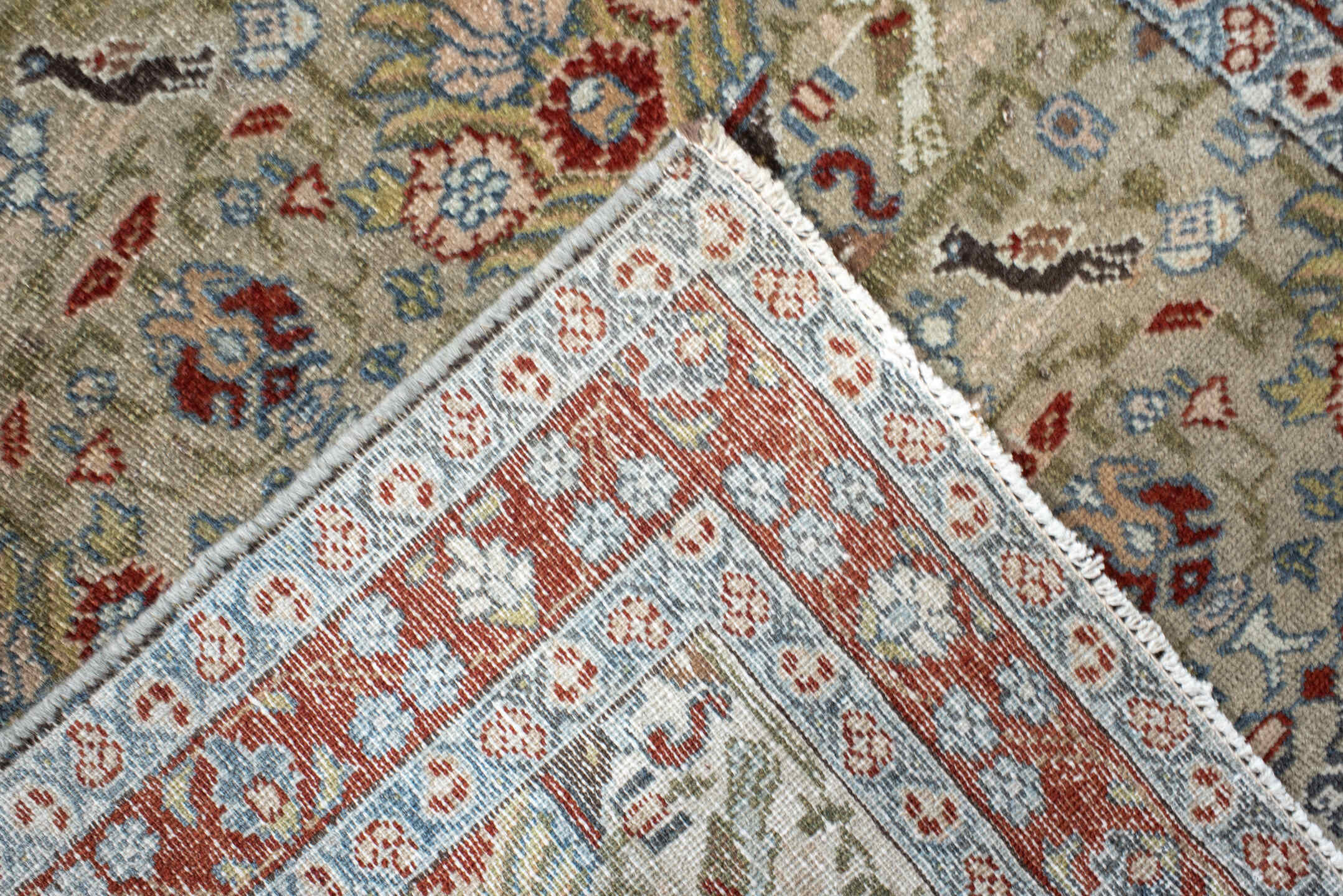 2' x 14' one-of-a-kind handmade vintage Senne runner rug. Color palette: ivory, rust, sage, light blue, taupe, brown