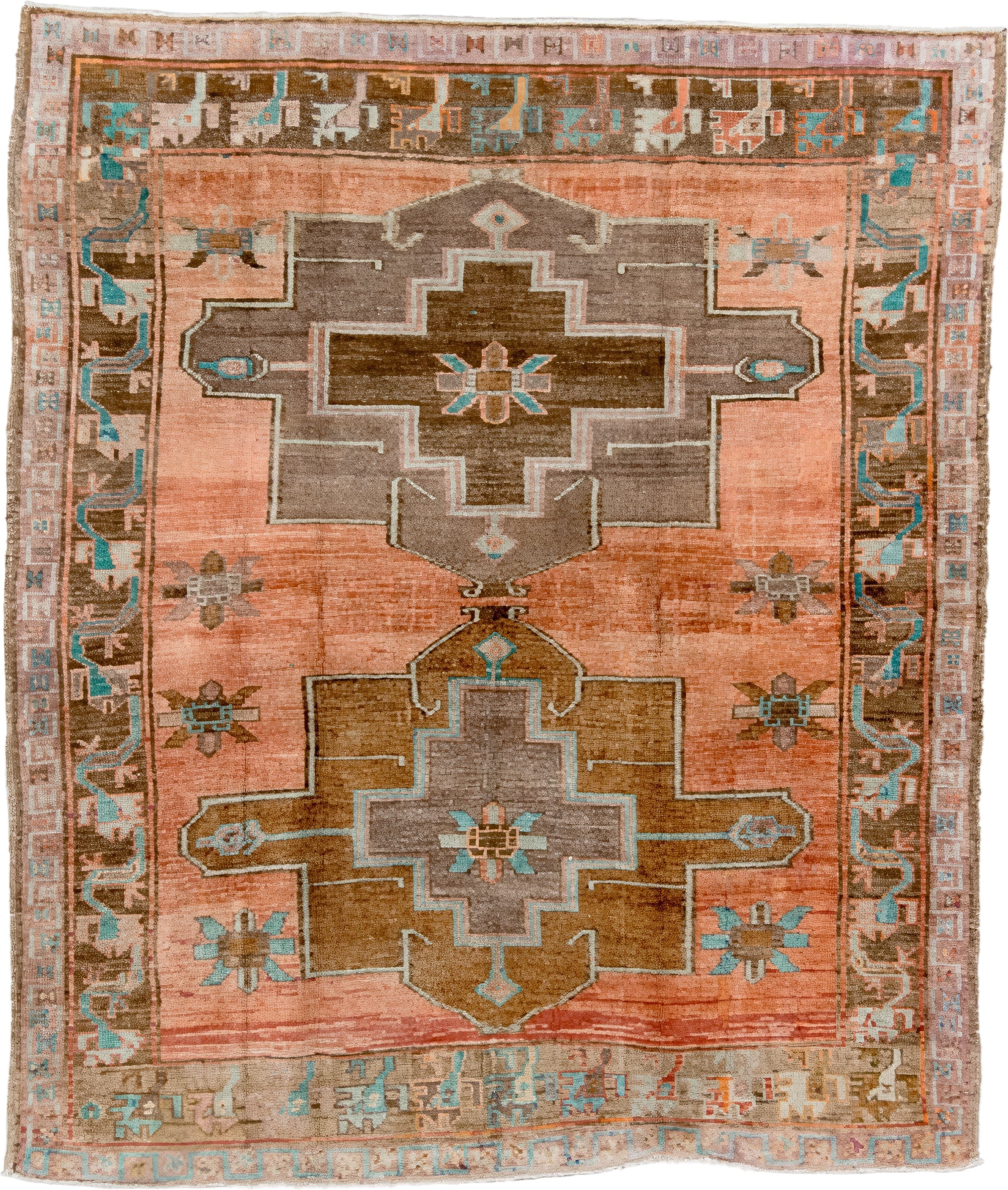 6' x 7' one-of-a-kind handmade vintage Kars rug. Color palette: salmon, taupe, camel, turquoise, ivory, brown, terracotta