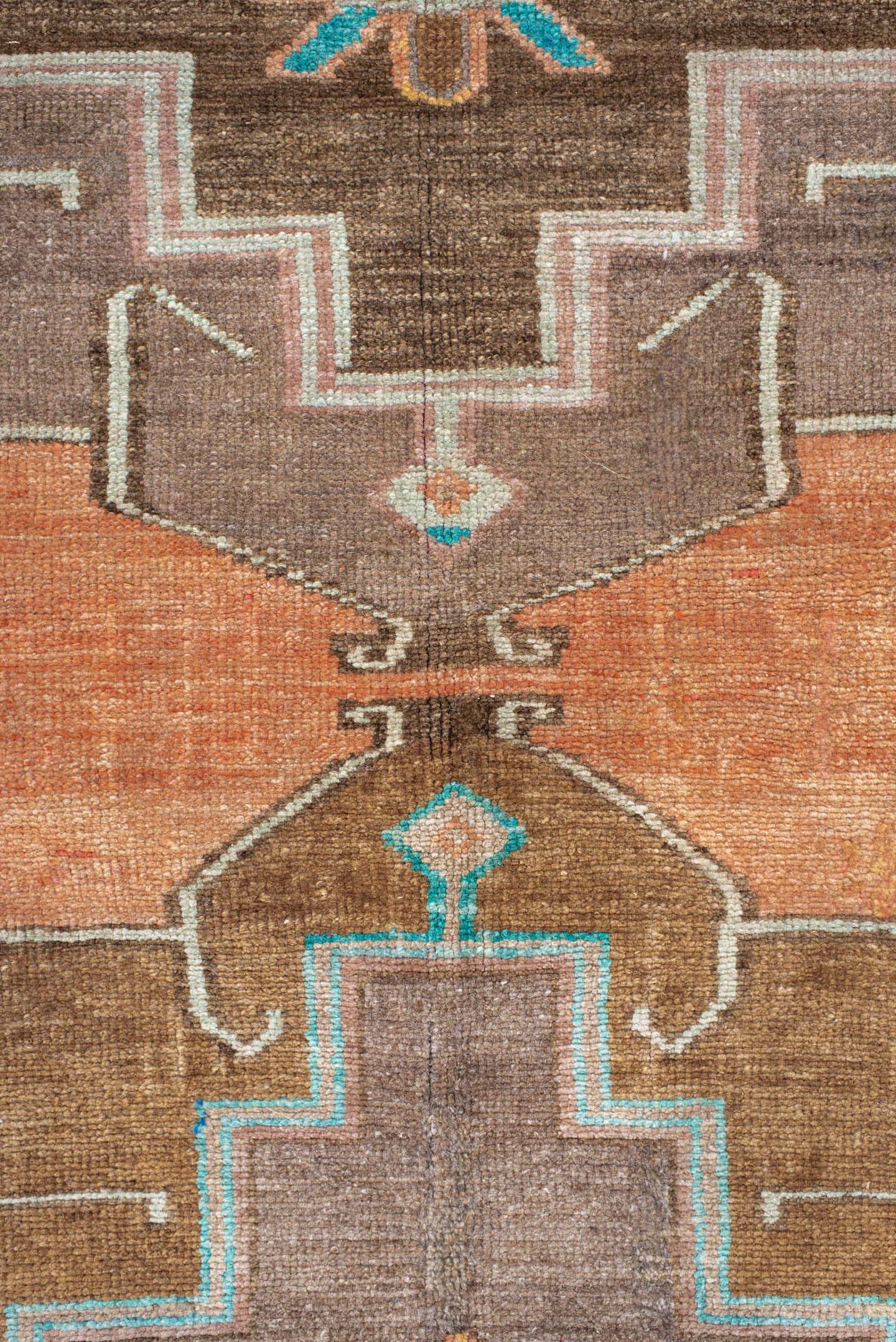 6' x 7' one-of-a-kind handmade vintage Kars rug. Color palette: salmon, taupe, camel, turquoise, ivory, brown, terracotta