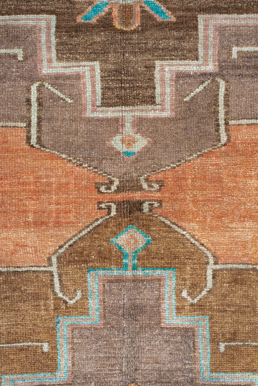 6' x 7' one-of-a-kind handmade vintage Kars rug. Color palette: salmon, taupe, camel, turquoise, ivory, brown, terracotta