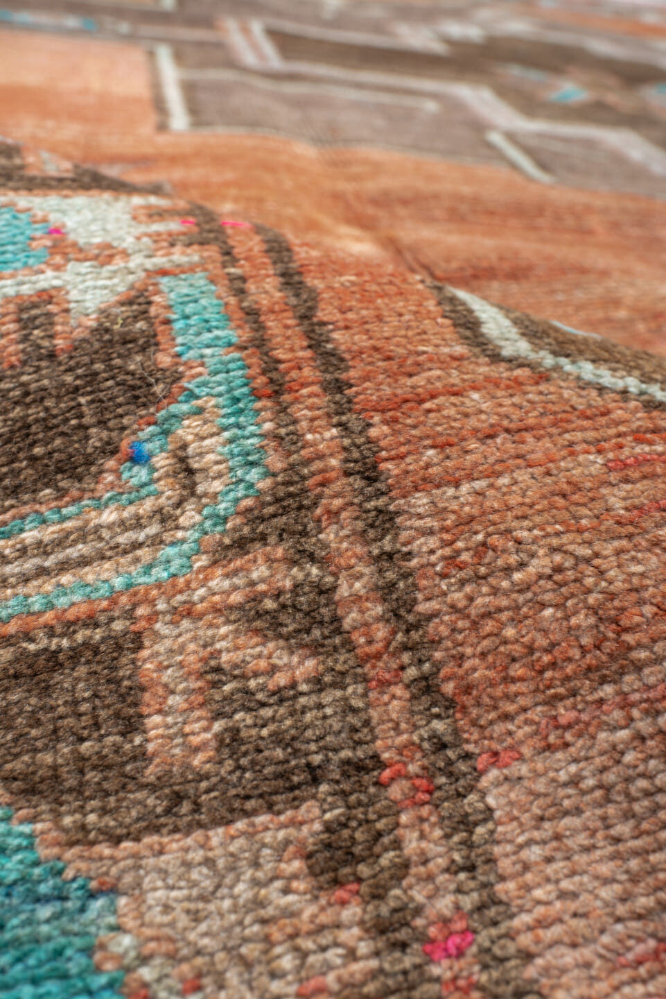 6' x 7' one-of-a-kind handmade vintage Kars rug. Color palette: salmon, taupe, camel, turquoise, ivory, brown, terracotta