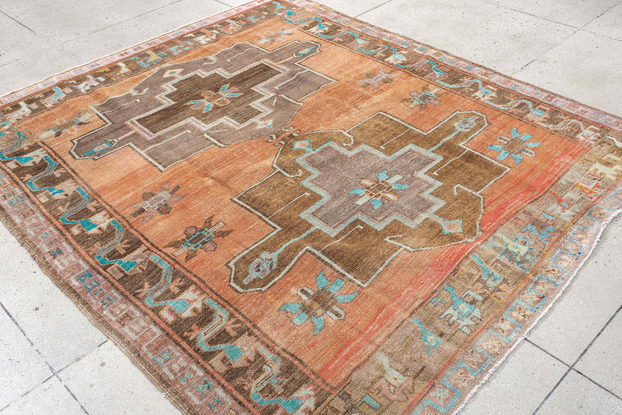6' x 7' one-of-a-kind handmade vintage Kars rug. Color palette: salmon, taupe, camel, turquoise, ivory, brown, terracotta