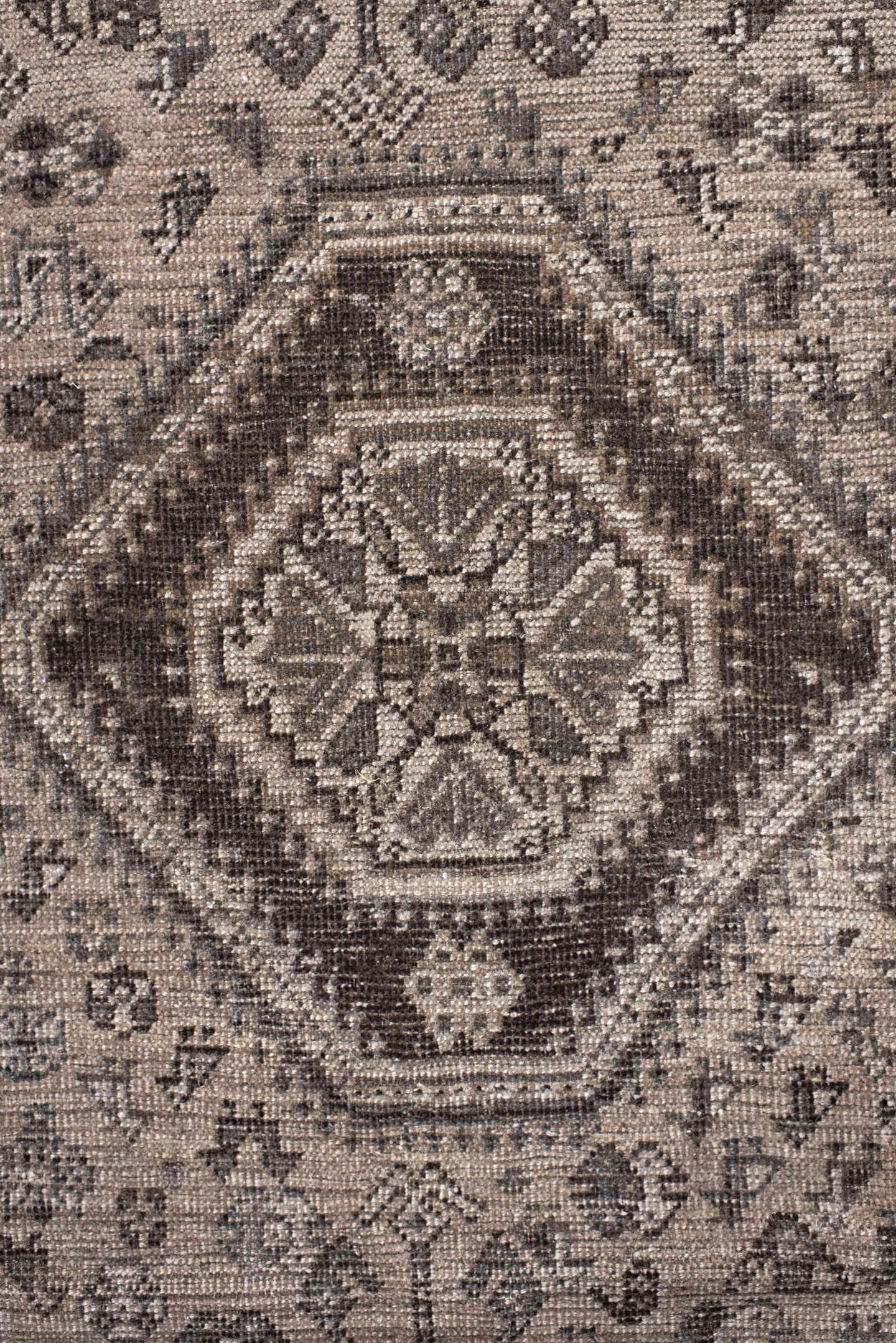 7' x 9' one-of-a-kind handmade vintage Shiraz rug. Color palette: ivory, taupe, brown, slate, charcoal, camel, beige, gray