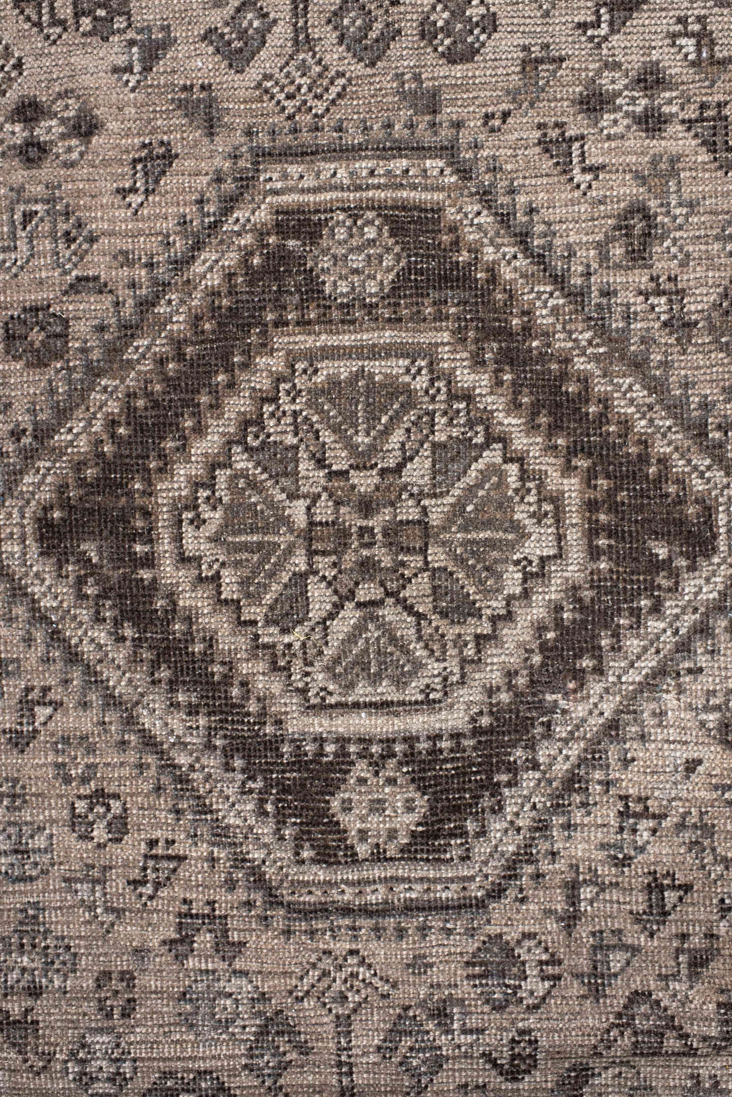 7' x 9' one-of-a-kind handmade vintage Shiraz rug. Color palette: ivory, taupe, brown, slate, charcoal, camel, beige, gray