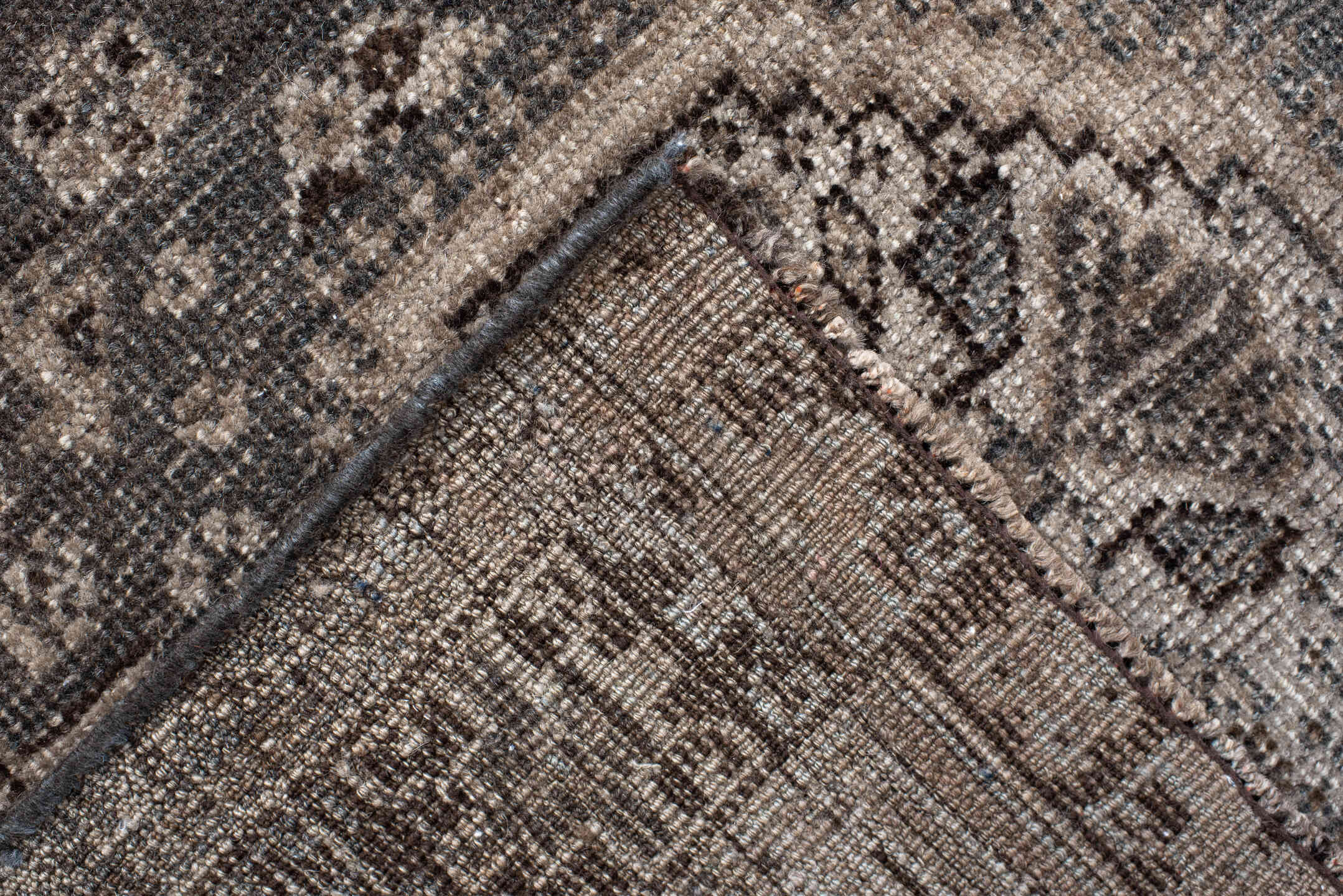 7' x 9' one-of-a-kind handmade vintage Shiraz rug. Color palette: black, brown, charcoal, dark gray, gray, light gray