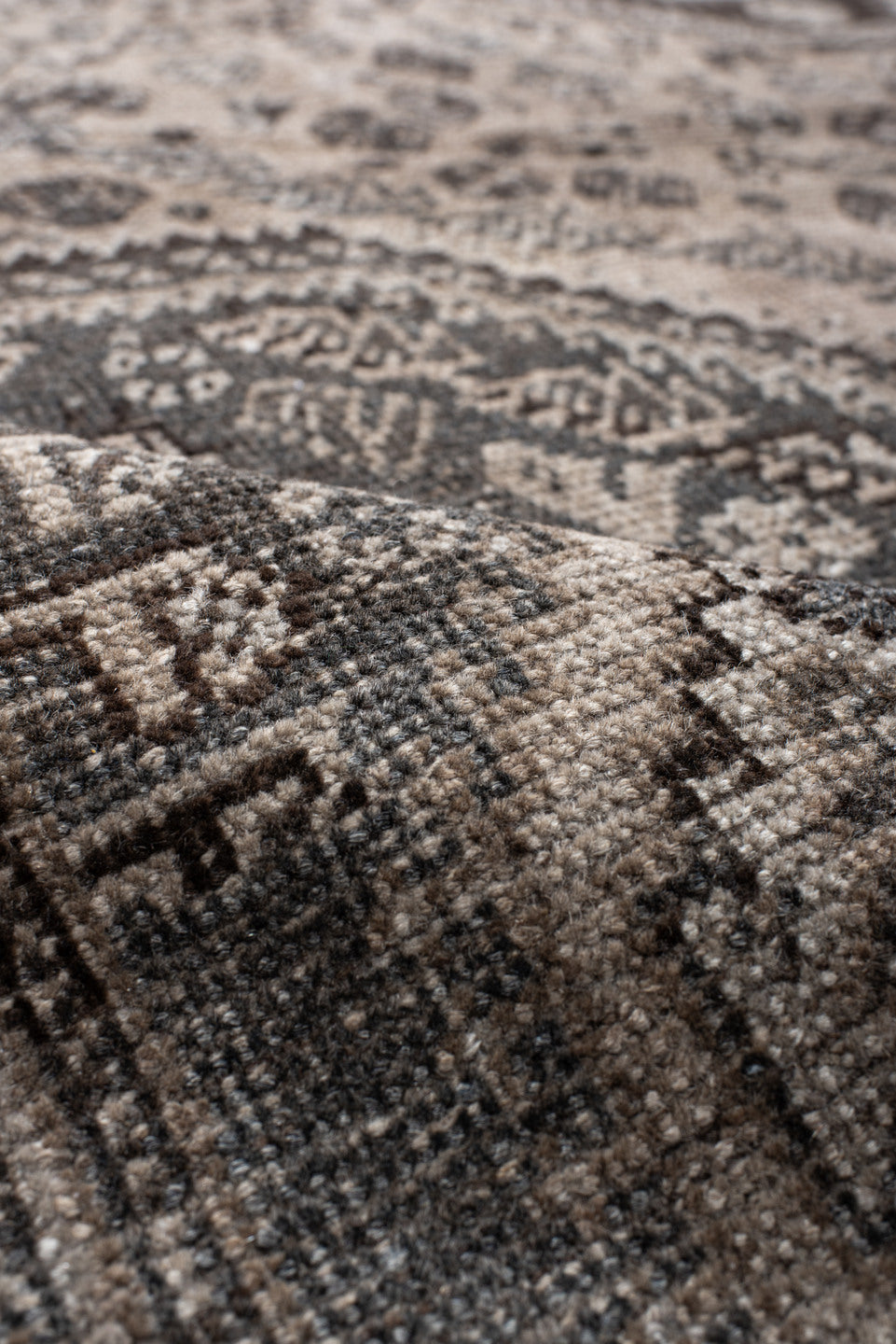 7' x 9' one-of-a-kind handmade vintage Shiraz rug. Color palette: ivory, taupe, brown, slate, charcoal, camel, beige, gray