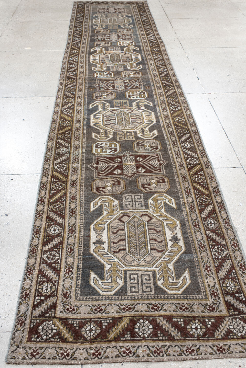 3' x 14' one-of-a-kind handmade vintage NW Persian runner rug. Color palette: black, brown, gainsboro, gray, light gray