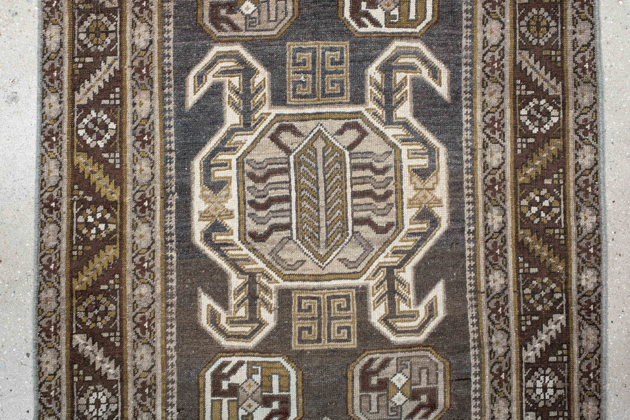 3' x 14' one-of-a-kind handmade vintage NW Persian runner rug. Color palette: black, brown, gainsboro, gray, light gray